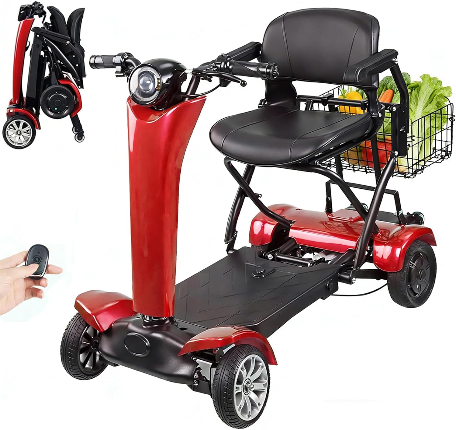 Auto-Folding Electric Mobility Scooter for Adults Seniors, 500W Brushless Dual Motor, 10 MPH, 15 Miles Long Range, 4 Wheel Foldable Travel Scooter, Lightweight, Removable Battery（Red）