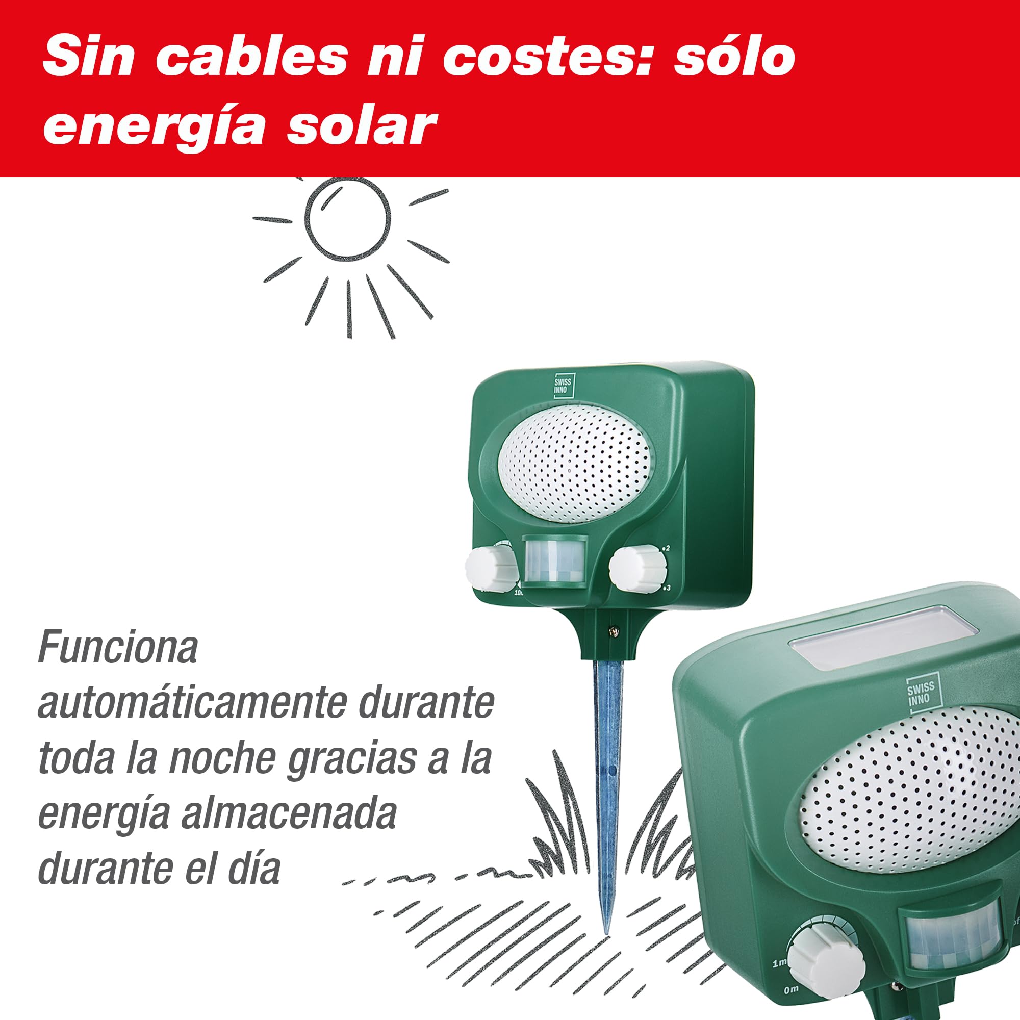 SWISSINNO Repelente Ultrasónico Animales – Ahoruyenta Gatos Perros Martas Conejos Zorros – Panel Solar – Cobertura 100m² – Resistente al Agua – Exterior Día y Noche