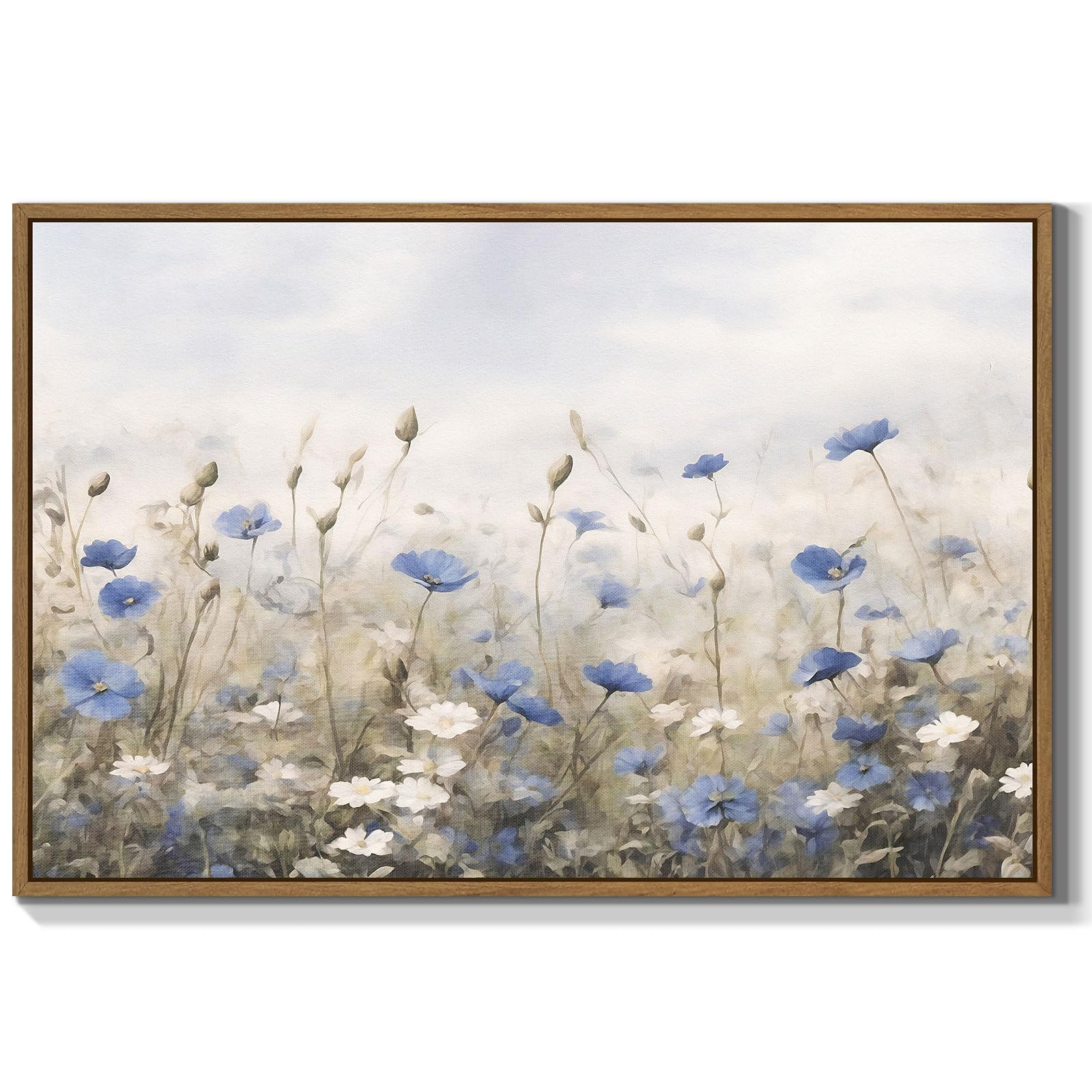 Vintage Floral Wall Art Blue White Flower Canvas Art Prints Wildflower Pictures Wall Decor Nature Landscape Oil Painting Framed Botanical Artwork for Girls Room Bedroom Farmhouse Decoration, 16''x24''