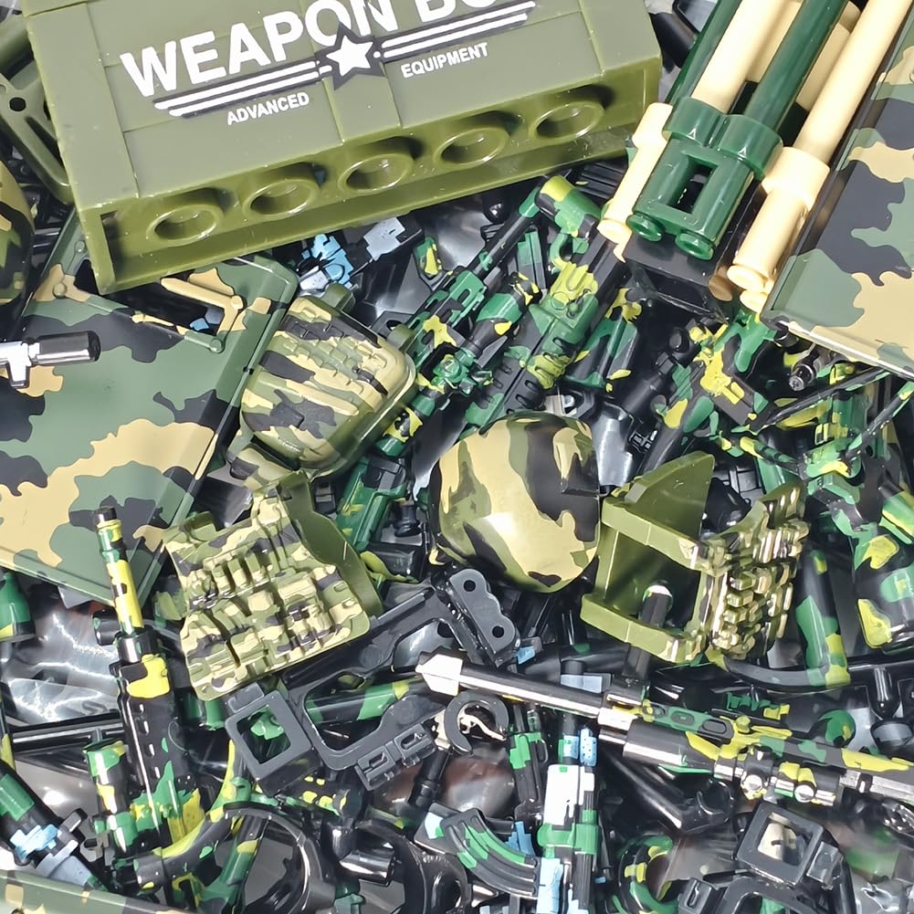 390 Pezzi Set Armi Militari Giocattoli Mattoncini Equipaggiamento Soldato, Elmetto Mimetizzato, Gilet Tattico, Scudi, Mitragliatrice Gatling, Compatibile con le Principali Minifigure