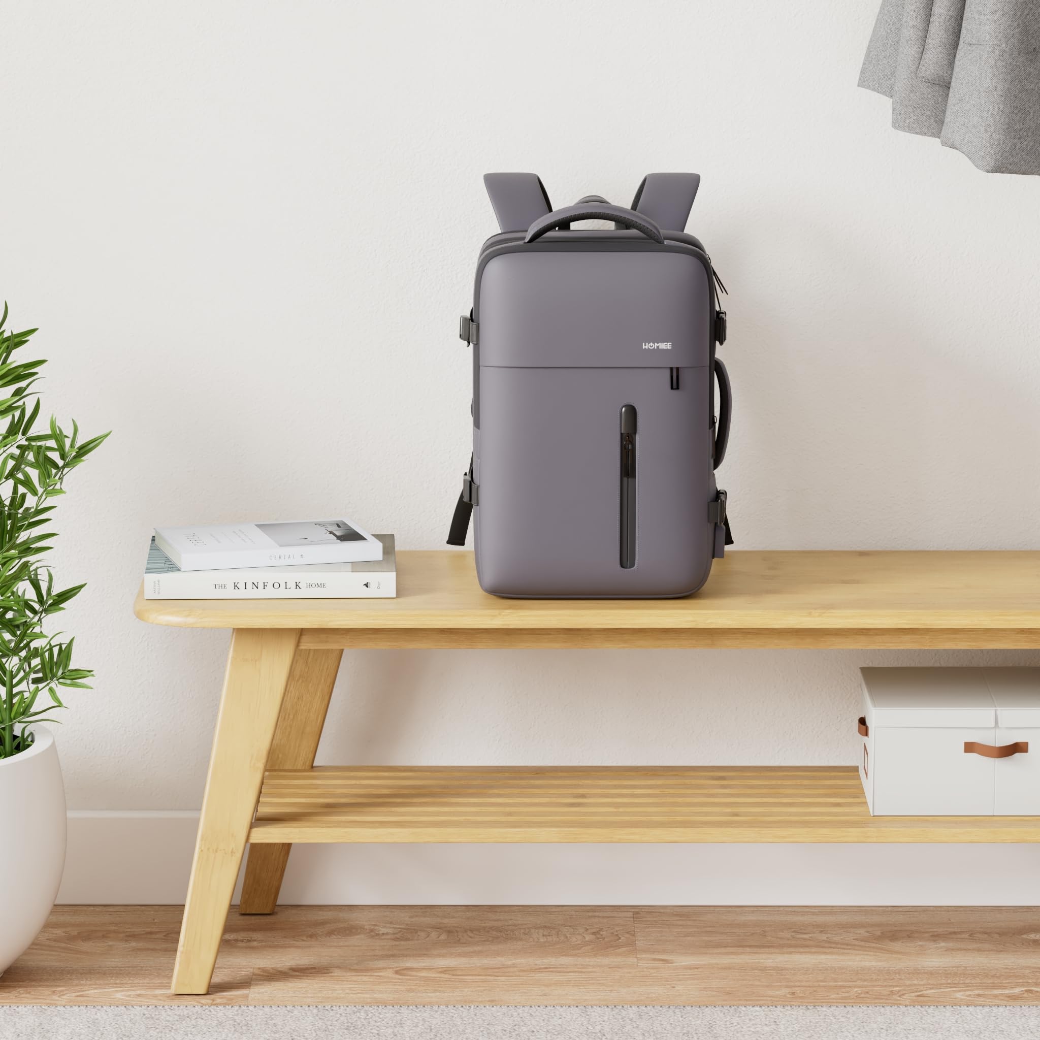 HOMIEE Sac à Dos Cabine 40L, Sac de Voyage Imperméable Expansible pour 15,6" Ordinateur Portable, Sac a Dos Cabine Avion Antivol avec Port de Charge USB, Sac à Dos Bagages de Voyage (Gris-foncé)