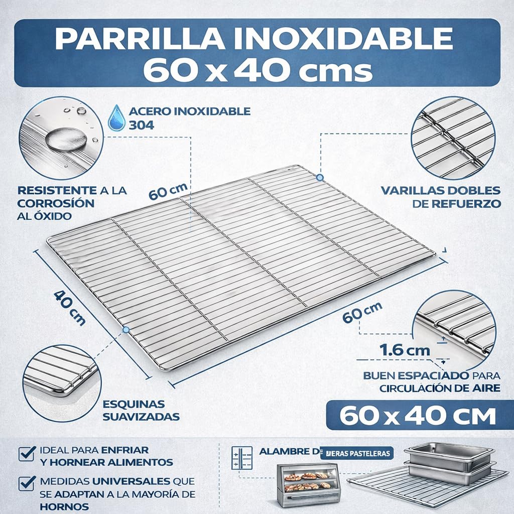 Griglia per forno 60 x 40 cm - Griglia metallica con 3 traverse di rinforzo - alta resistenza e uso professionale