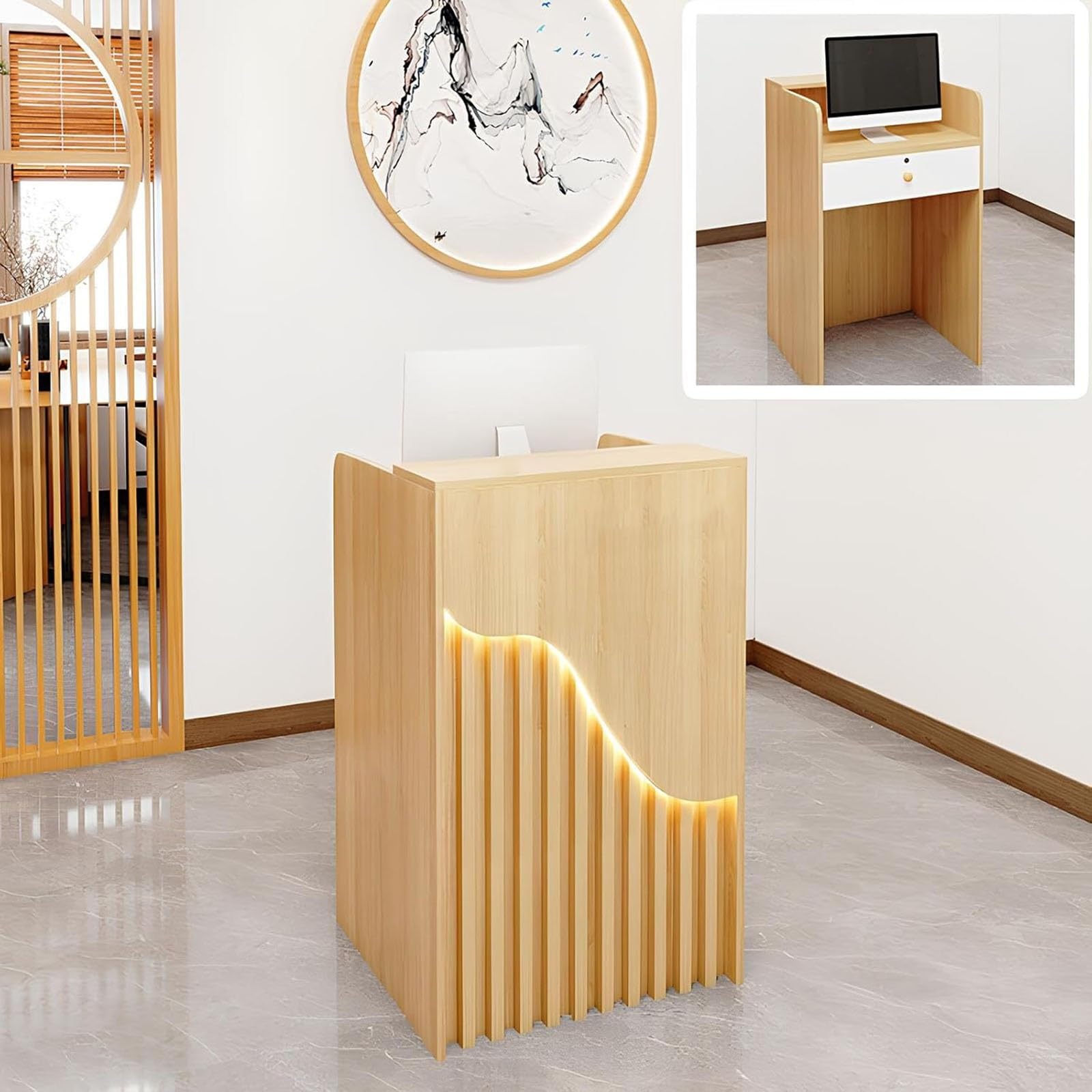 WCLDYLH Small Reception Desk, Front Desk Reception Counter with LED Lights,Retail Checkout Counter Wooden Computer Table for Office/Churches/Classrooms/Salon/Store