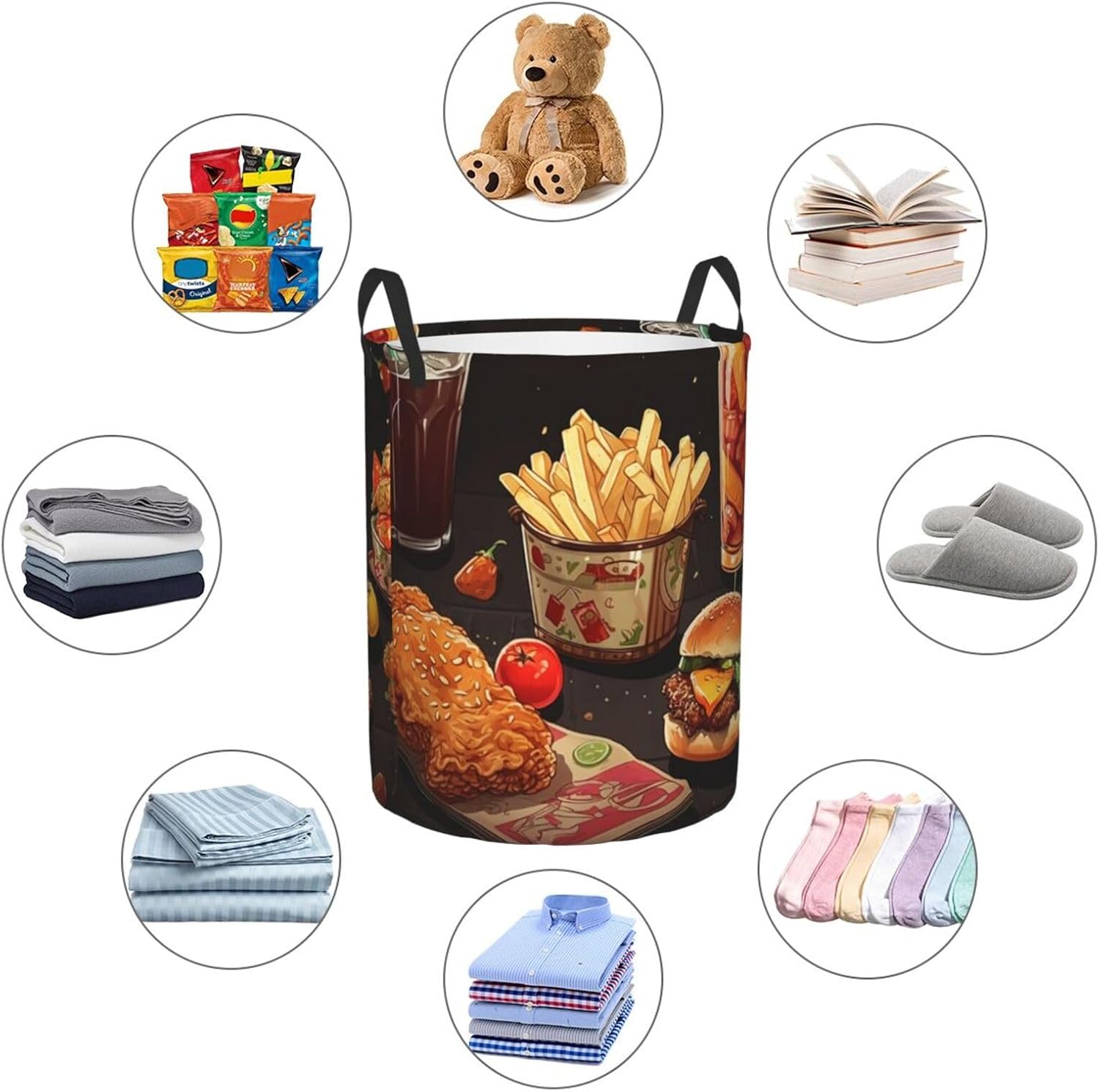Chicken leg burger drink Laundry Basket With Handles, Foldable Laundry Hamper Oxford Cloth Dirty Clothes Basket Waterproof Clothes Toys Storage Bin Organizer for Bedroom Bathroom Dorm