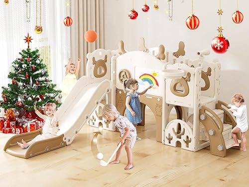 XJD Tobogán infantil 13 en 1 para niños pequeños, nueva actualización con juego de golf, aro de baloncesto, tabla de dibujo para juego en interiores