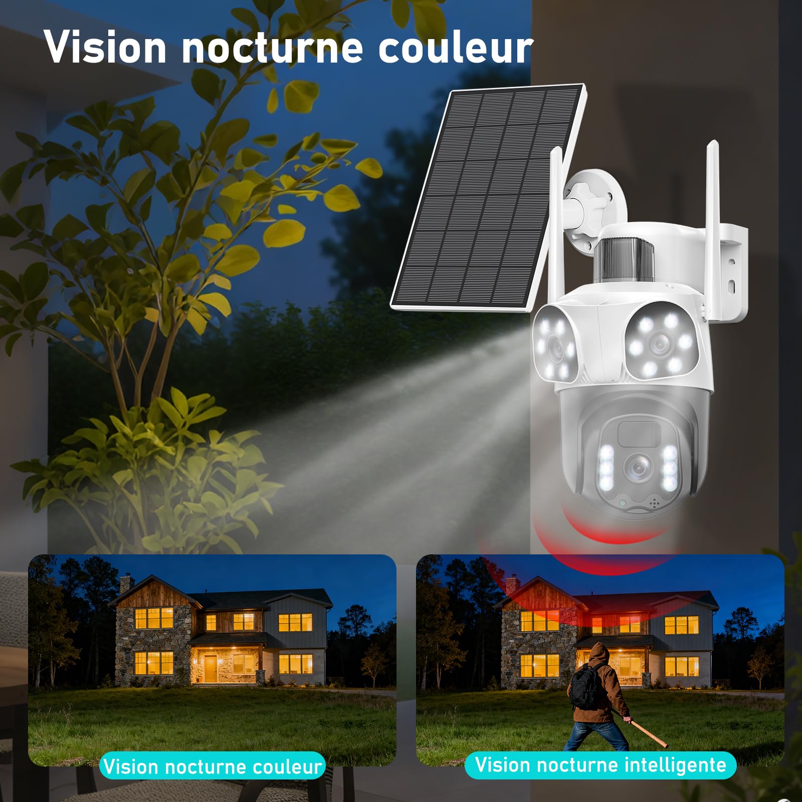 4K Camera Surveillance WiFi Exterieure sans Fil,à triple objectif/Camera Solaire/Batterie,Suivi Automatique,360° PTZ Sécurité à Domicile,Vision Vocturne,Audio Bidirectionnel,PIR Sirène,étanche,8MP HD