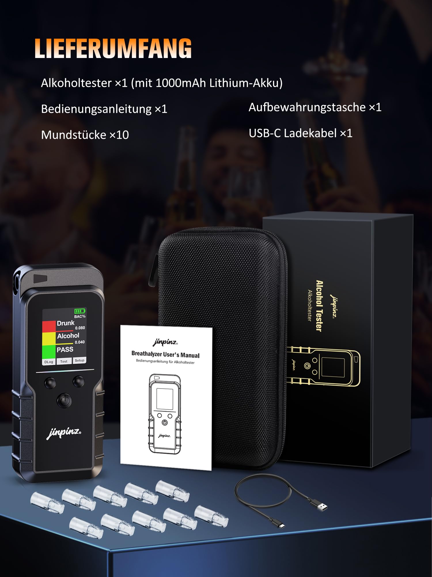 Alkoholtester mit elektrochemischem Sensor, hochpräziser digitaler Alkoholmessgerät USB-C Ladefunktion, Alkotester