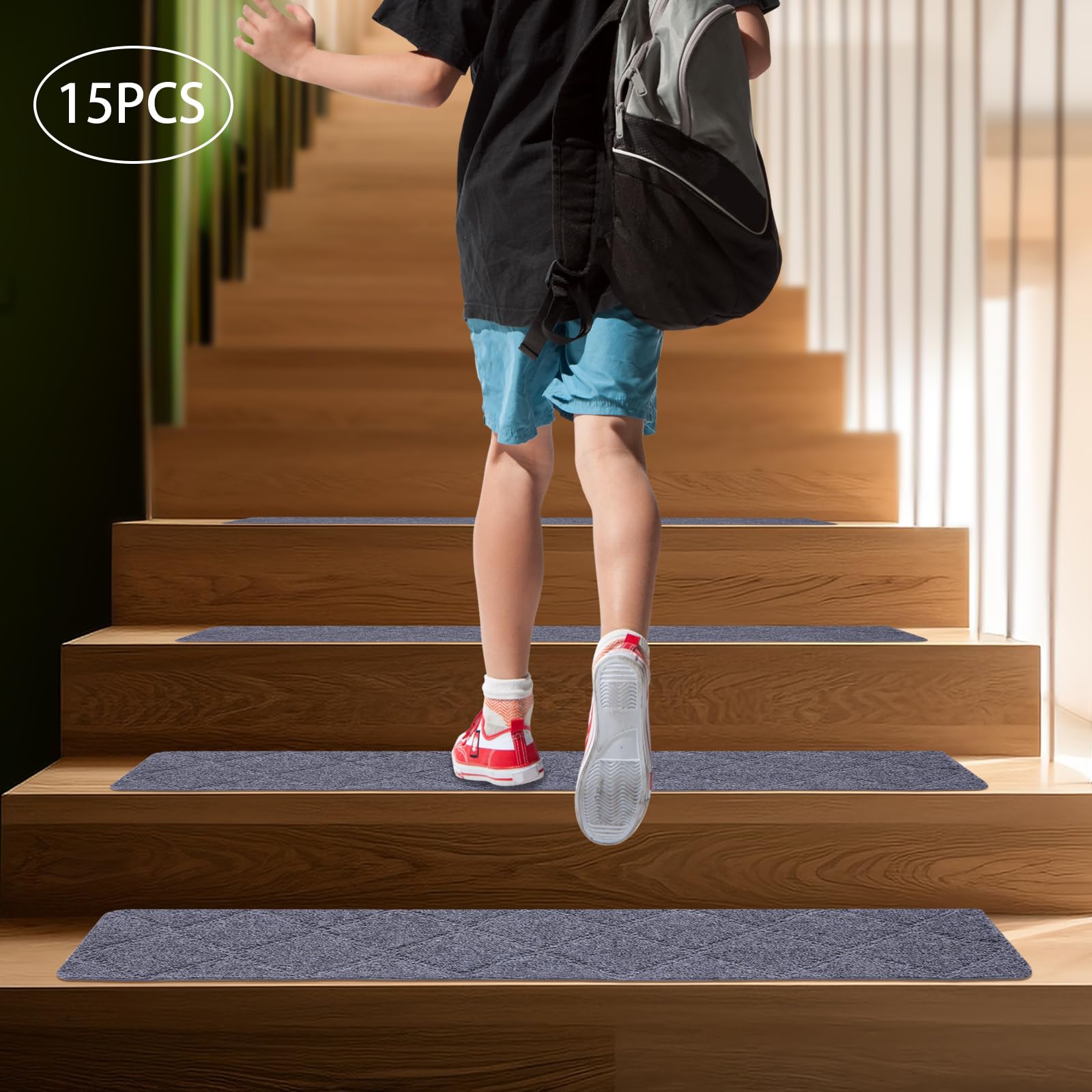 Non Slip Stair Treads for Wooden Steps with Non Skid Backing Specialized, 15PCS Stair Runner, Non-Slip Carpet Mat Machine Washable Wood Staircase Step Treads (8 * 30 Inch Grey)