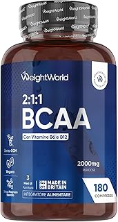BCAA 2 1 1 Aminoacidi Ramificati 2000mg, Leucina, Valina, Isoleucina, Vitamina B6, Vit B12, Aminoacidi Essenziali Pre Workout, Intra e Post Workout, 180 BCAA Compresse Vegane, Senza Magnesio Stearato