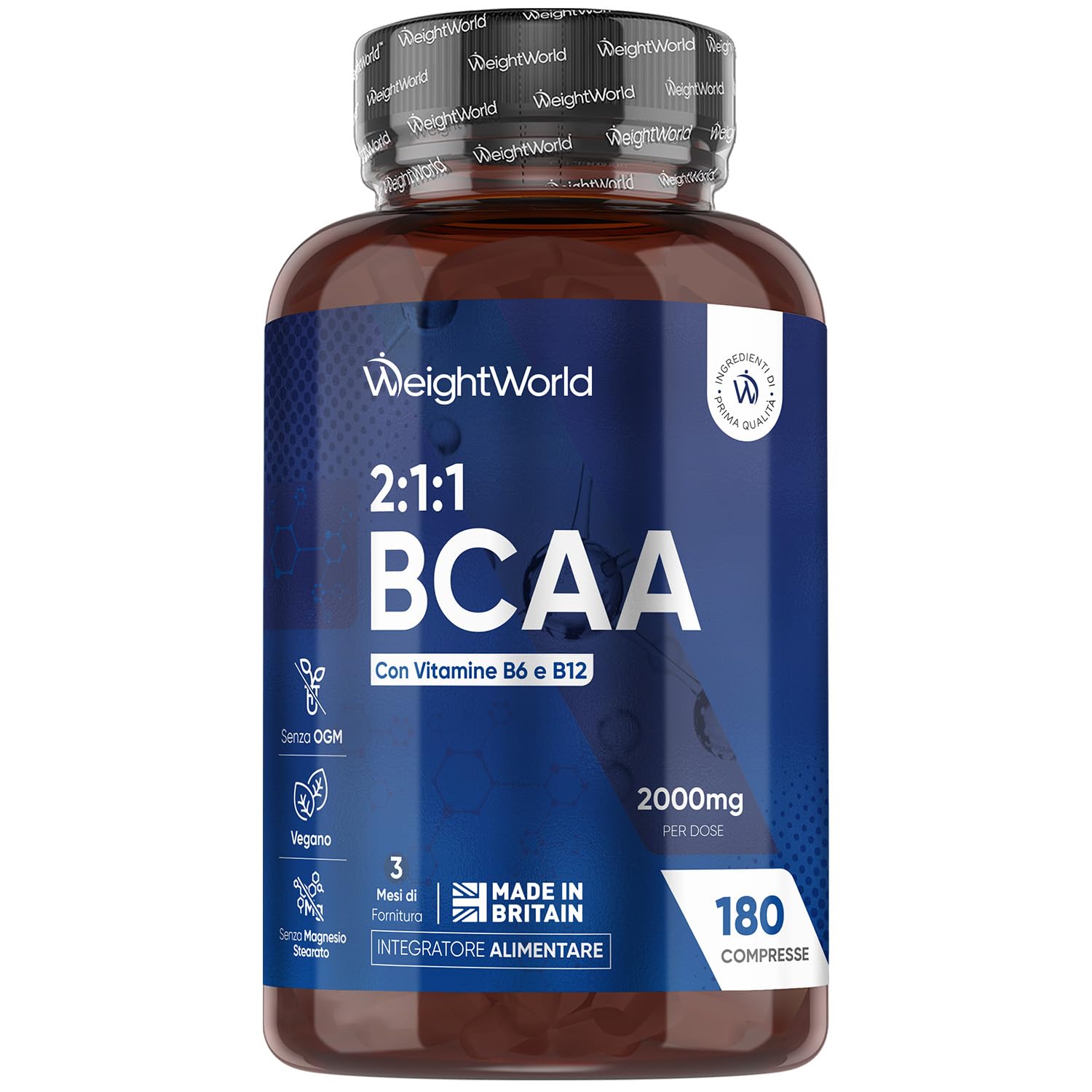BCAA 2 1 1 Aminoacidi Ramificati 2000mg, Leucina, Valina, Isoleucina, Vitamina B6, Vit B12, Aminoacidi Essenziali Pre Workout, Intra e Post Workout, 180 BCAA Compresse Vegane, Senza Magnesio Stearato