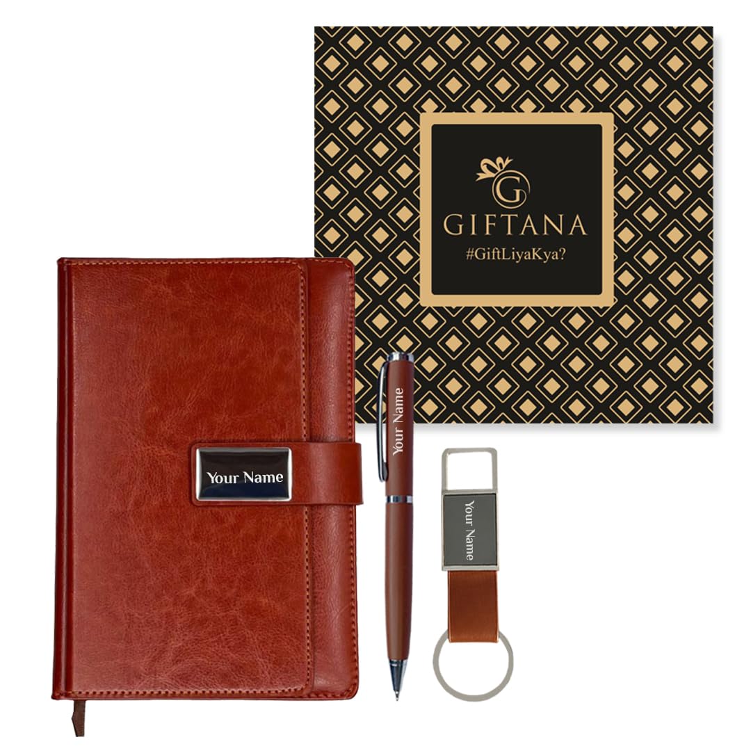 Giftana Personalized Diary with Pen and Keychain Gift Set with Name, 3 in 1 Personalized Organiser Diary Combo Gift for Husband, Father, Corporate Customized Gift for Employees (Brown,192 Pages)