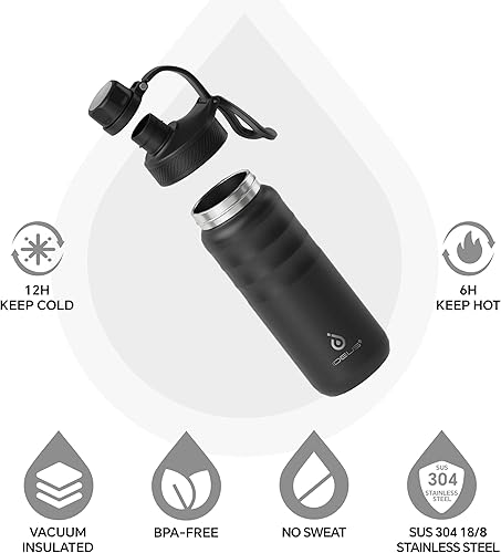 Miniatura 2 de IDEUS Botella de agua aislada de acero inoxidable con 2 tapas a prueba de fugas, termo para senderismo, ciclismo, 18 onzas, color negro