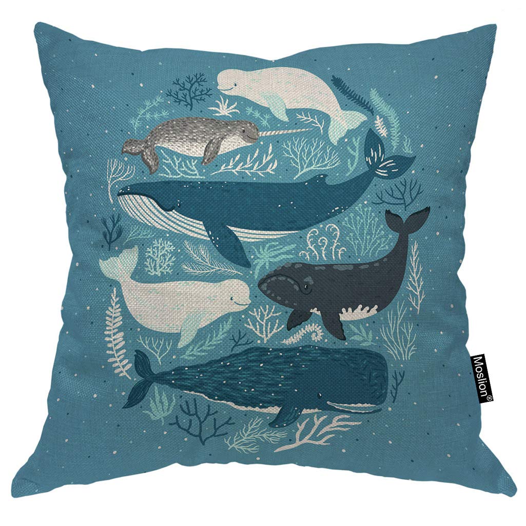 Moslion Fish Pillows Nature Nautical Ocean Sea Seaweed Coral Whale Shark Dolphin Throw Pillow Cover Decorative Pillow Case Square Cushion Accent Cotton Linen Home 18x18 Inch Blue