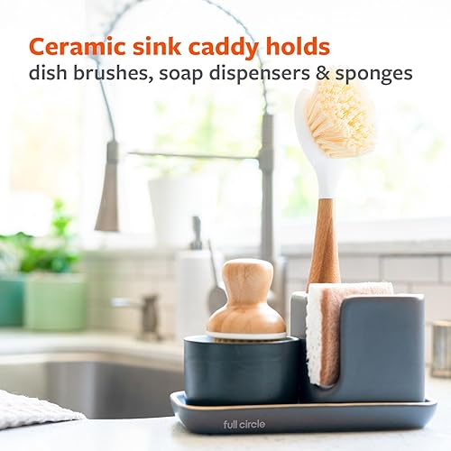 Miniatura 4 de Full Circle Stash, Organizador de fregadero de cerámica para cocina, elegante soporte modular para esponjas y cepillos de platos, gris y blanco, 11"
