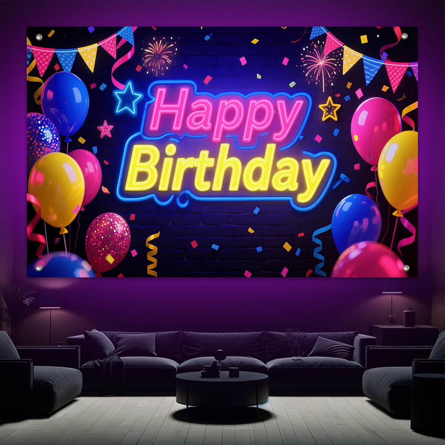 HOMETITUTE Neon Glow Birthday Backdrop 71x43 Inch image 4