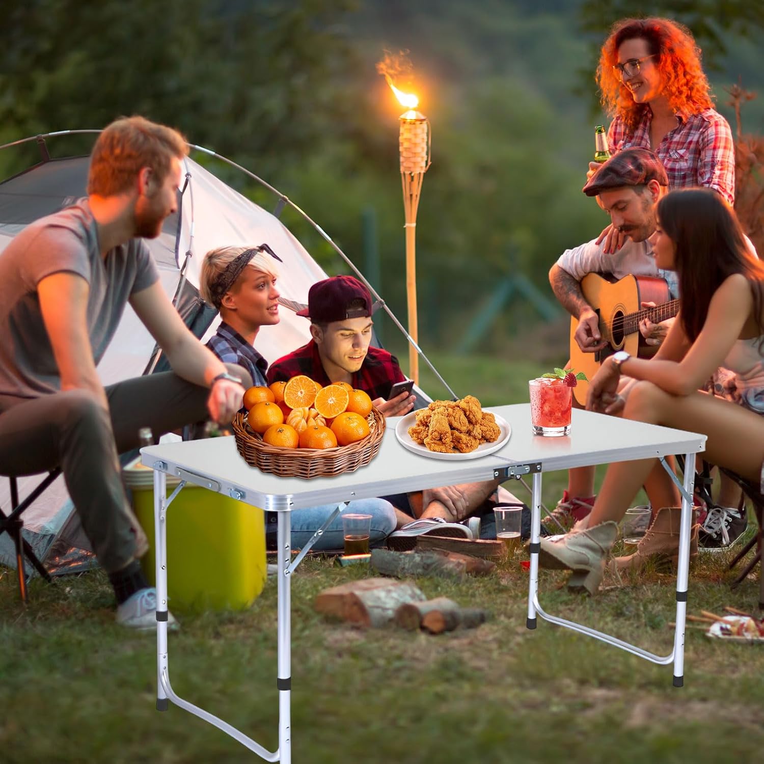 AIZYR Folding Tables 4 Ft Camping Table, Indoor Outdoor Foldable Table Adjustable Height Desk Portable Banquet Table for Parties Picnic Working,Blue