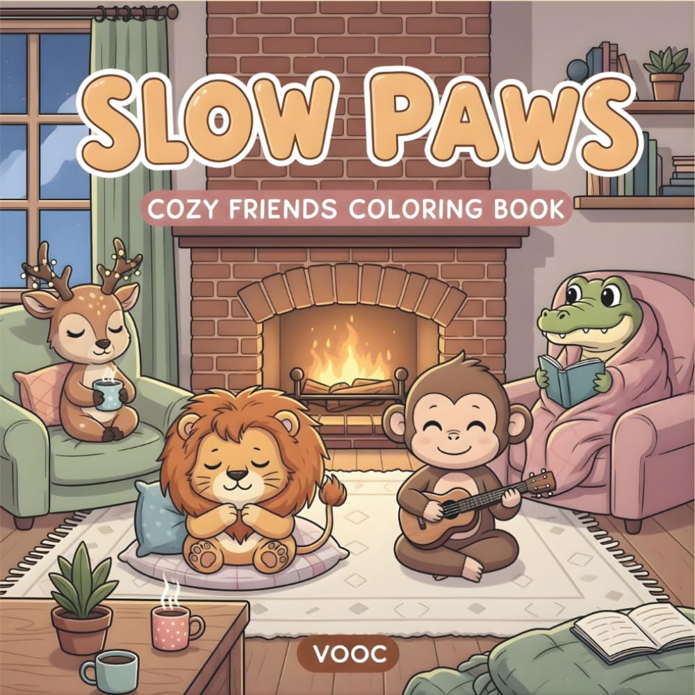 Slow Paws: Cozy Friends Coloring Book for Adults and Teens Featuring Cute Kawaii Animals in Relaxing Everyday Scenes Stress Relief