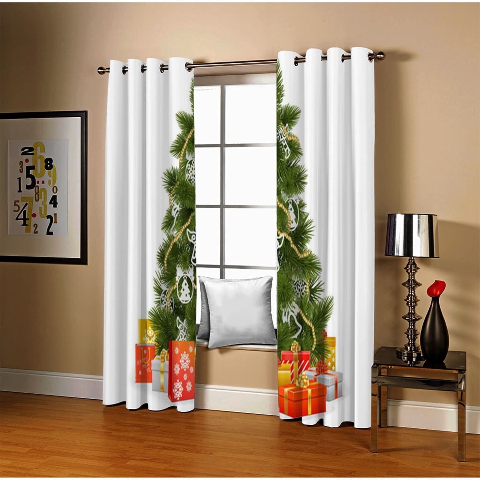 AmDxD Cortinas Habitacion Juvenil Blanco Verde Rojo, Cortinas Habitacion Juvenil Niña Poliéster Árbol De Navidad Y Regalos 214x244cm