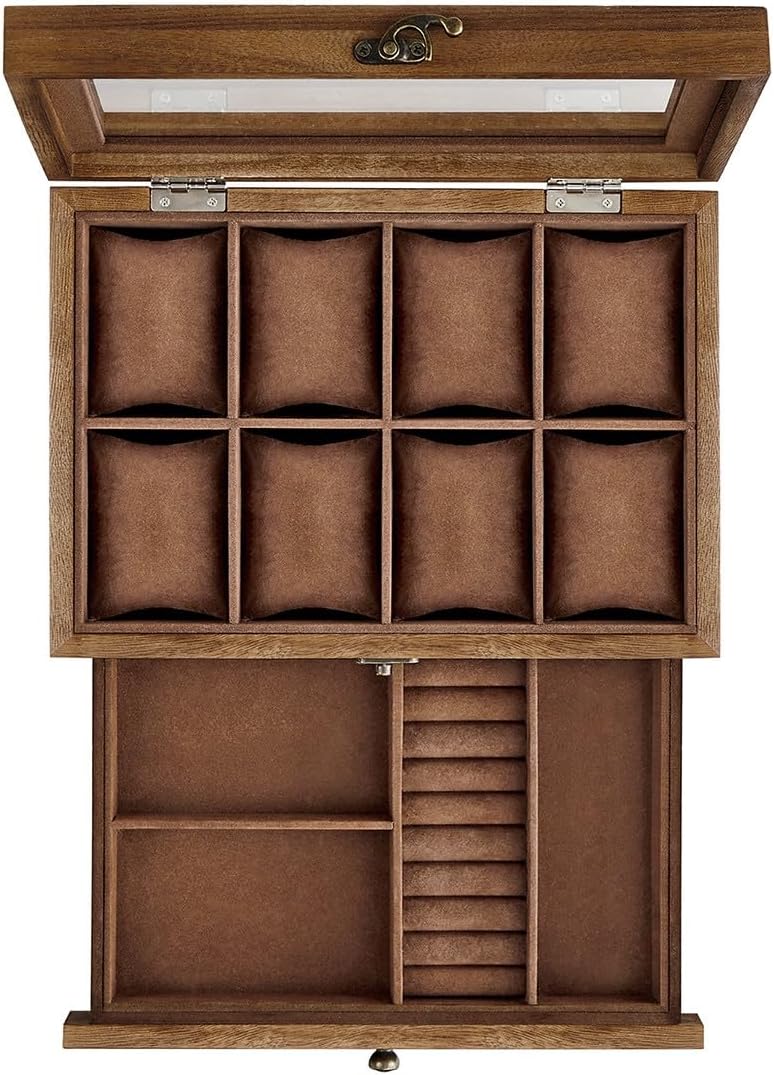 Watch Box with 8 Compartments Solid Wood Watch Box with Glass Lid for Rings Bracelets Necklaces Black JOW008B01