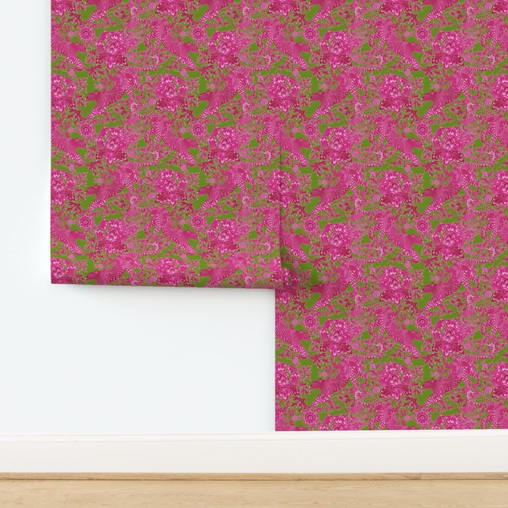 Peel & Stick Wallpaper 3ft x 2ft - Chinoiserie Maximalist Chintz Cheetah Jungle Hot Pink Bright Neon Custom Removable Wallpaper by Spoonflower