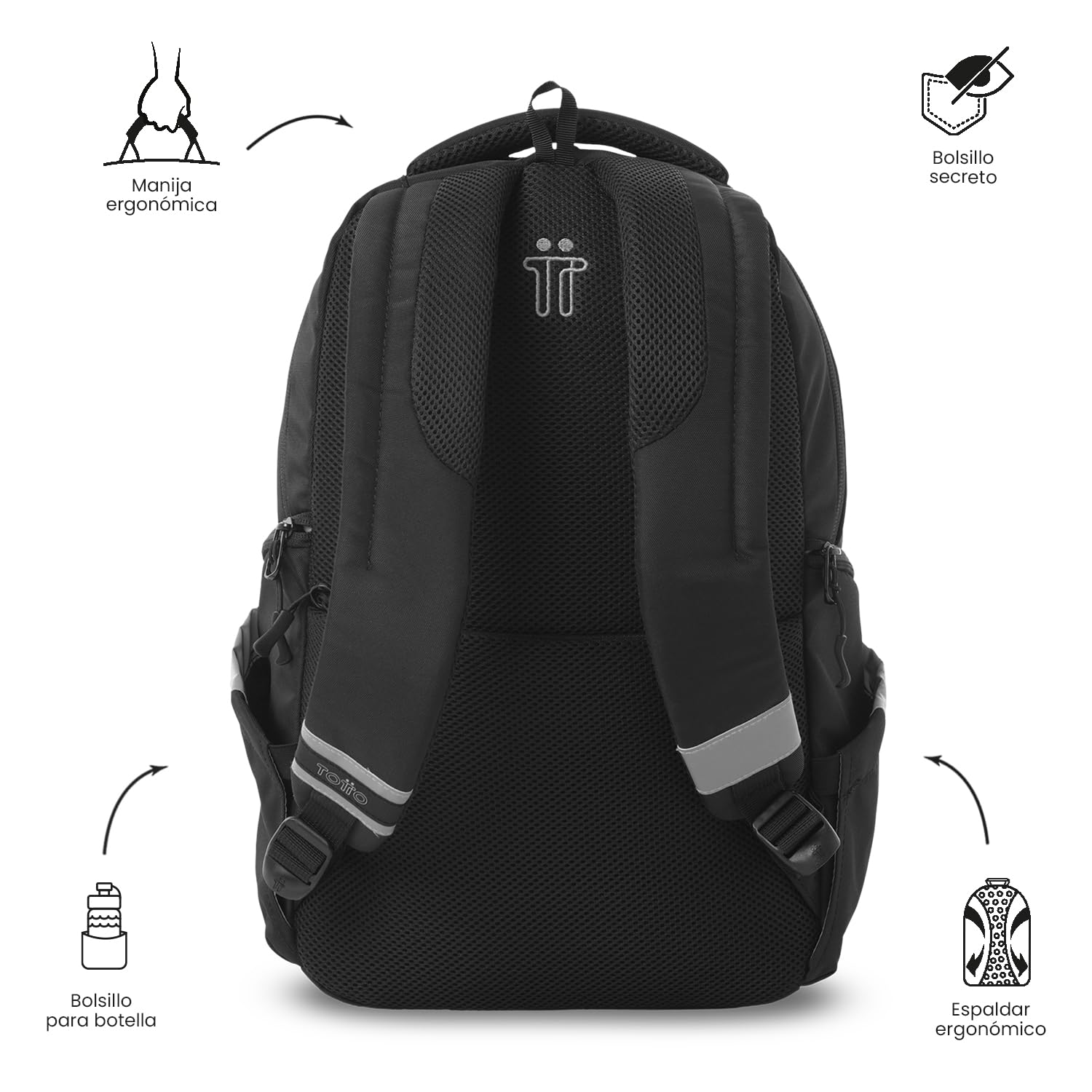 TOTTO - Mochila para Ordenador Portátil 13 Pulgadas, Modelo Eufrates 2.0, Compartimento Tablet 10", Cremallera con Argollas para Candado, Bolsillos Botella, Espaldar Ergonómico, Color Negro