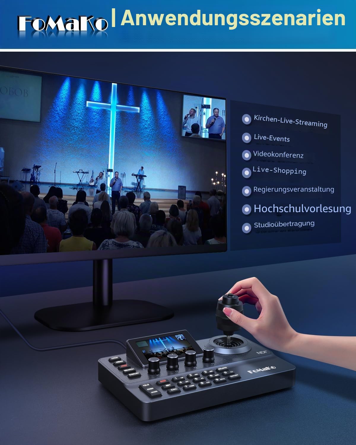 FoMaKo NDI PTZ Kamera Controller IP PoE, mit 4D-Joystick und 3-Zoll Vorschaubildschirm, Visca PELCO D/P RS232 RS485 PTZ Controller für YouTube vMix OBS Live Streaming, NDI-Lizenz Enthalten, KC606N