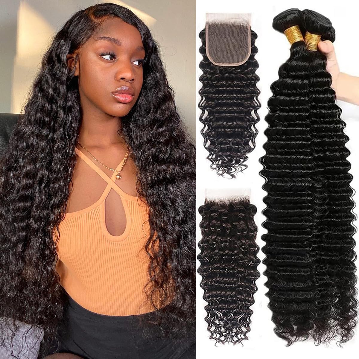 Deep Wave Bundles With 4X4 Lace Closure Free Part ((20 20 20 +18) Inch Deep Wave Human Hair 3 Bundles with Closure 12A Grade 100% Unprocessed
