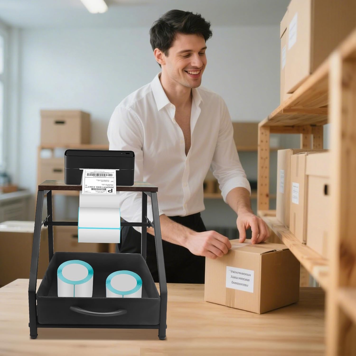 Thermal Printer Stand with Drawer, Desktop Label Holder for Rolls and Fan-Fold Labels, Organizer for 4x6 Shipping Label Printer - Home Office & Small Business Essentials - Image 7