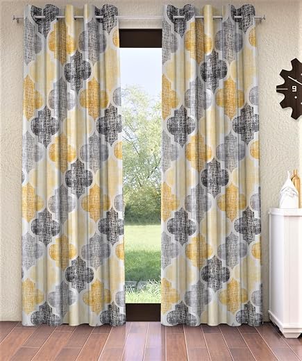 Home Sizzler 2 Piece Moroccan Motif Eyelet Glace Cotton Semi Sheer Door Curtains 7 Feet, Yellow, Eyelet,Grommet Curtains