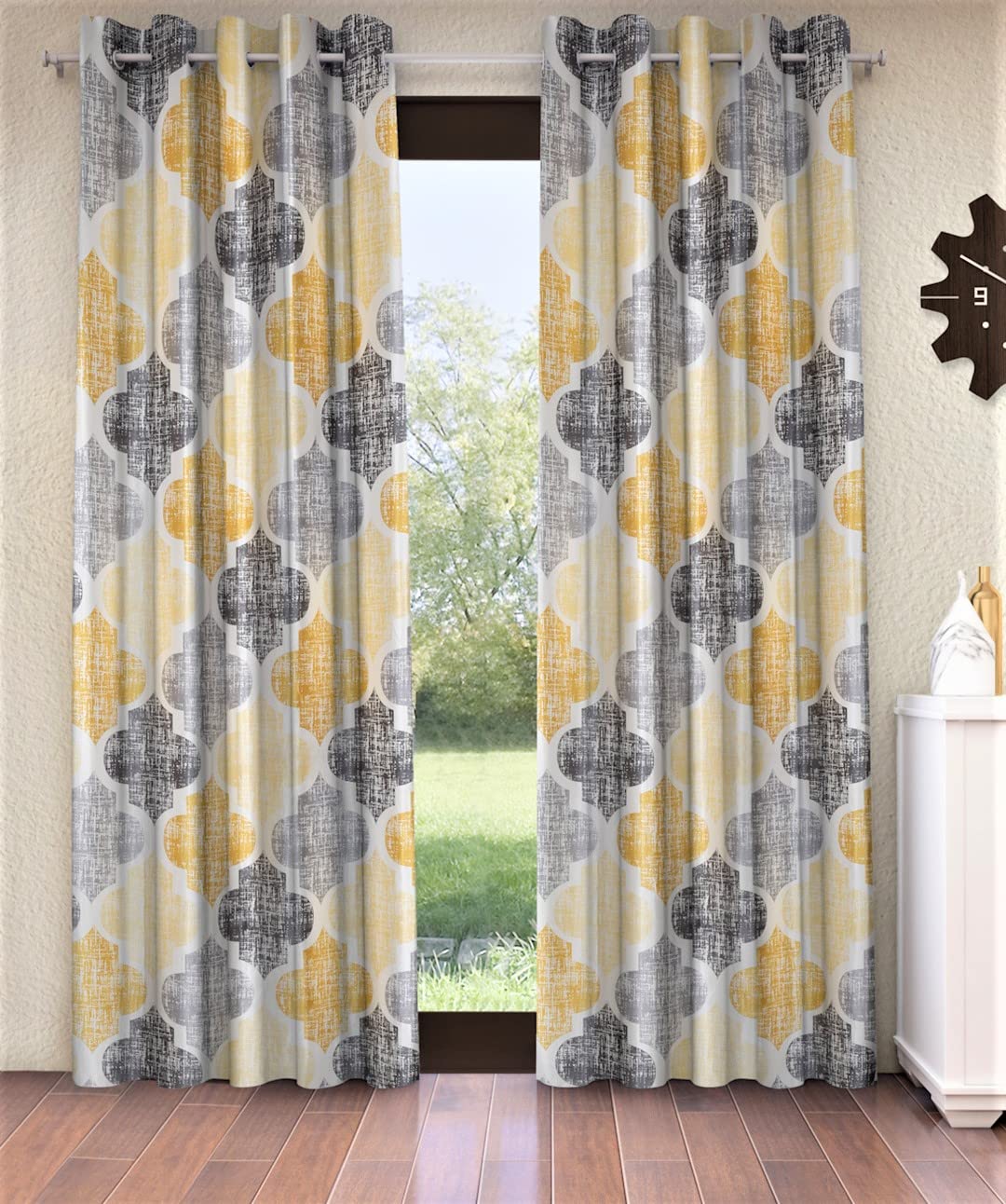 Home Sizzler 2 Piece Moroccan Motif Eyelet Glace Cotton Semi Sheer Door Curtains 7 Feet, Yellow, Eyelet,Grommet Curtains