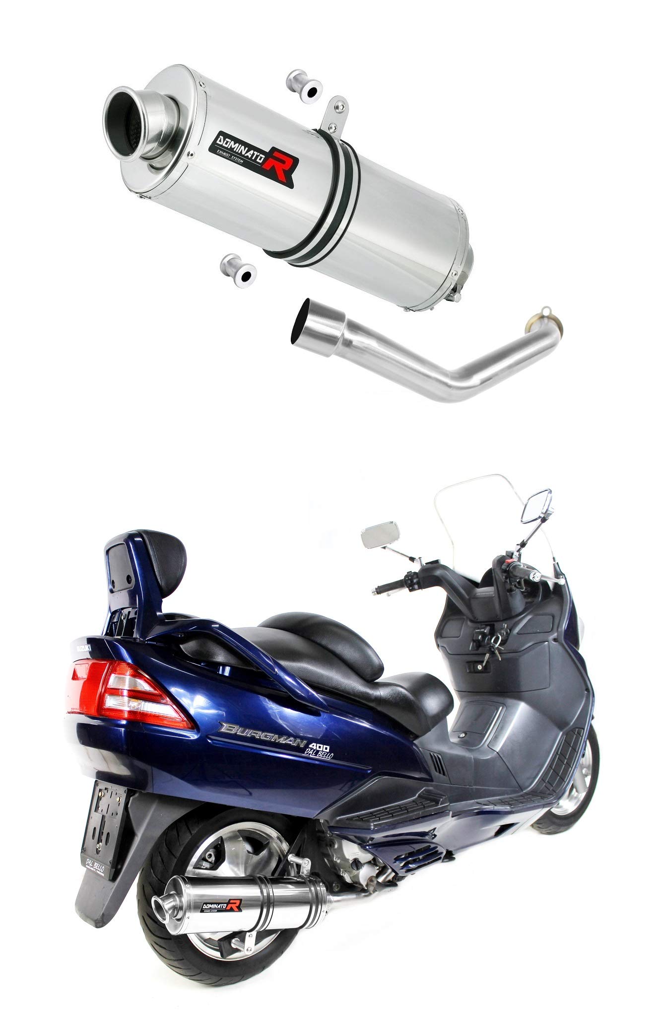 BURGMAN 400 Marmitta racing OVAL Dominator Exhaust Terminale di Scarico Silenziatore 1998 1999 2000 2001 2002