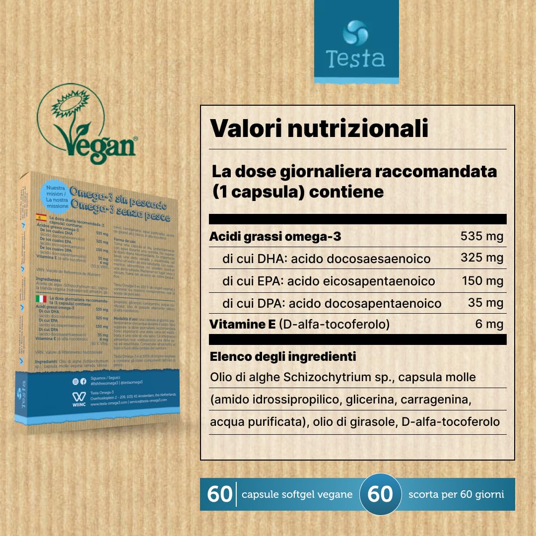 Testa Omega-3 Aceite de Algas cápsulas de 450mg Omega-3 Vegano DHA + EPA - (60 cápsulas) (Paquete de 2)