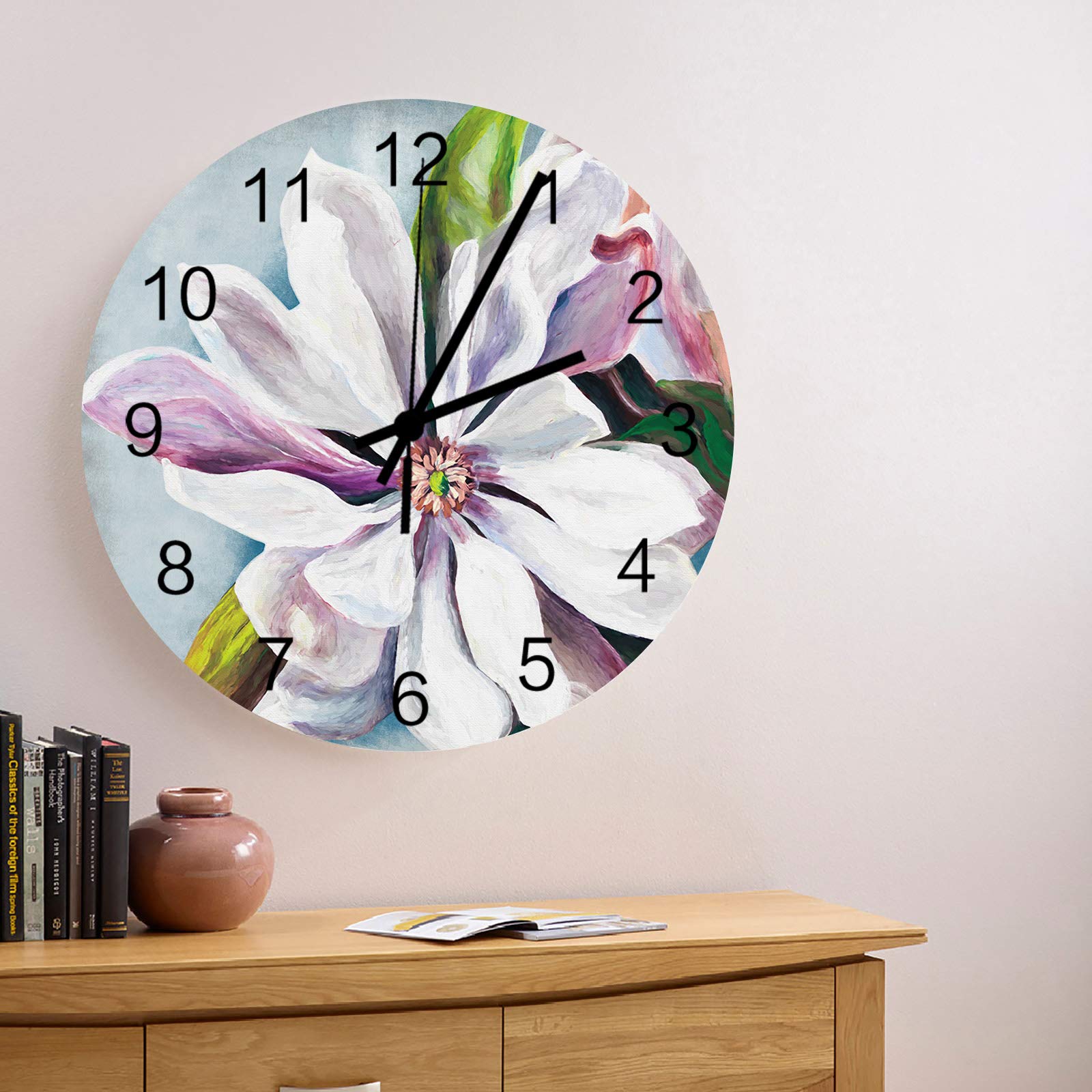 MuswannaA 12 Inch Silent Non-Ticking Round Wooden Wall Clock Magnolia White Floral with Green Leaves Roman Numeral Hands Clock Home Decor for Kitchen, Living Room, Bedroom, Farmhouse