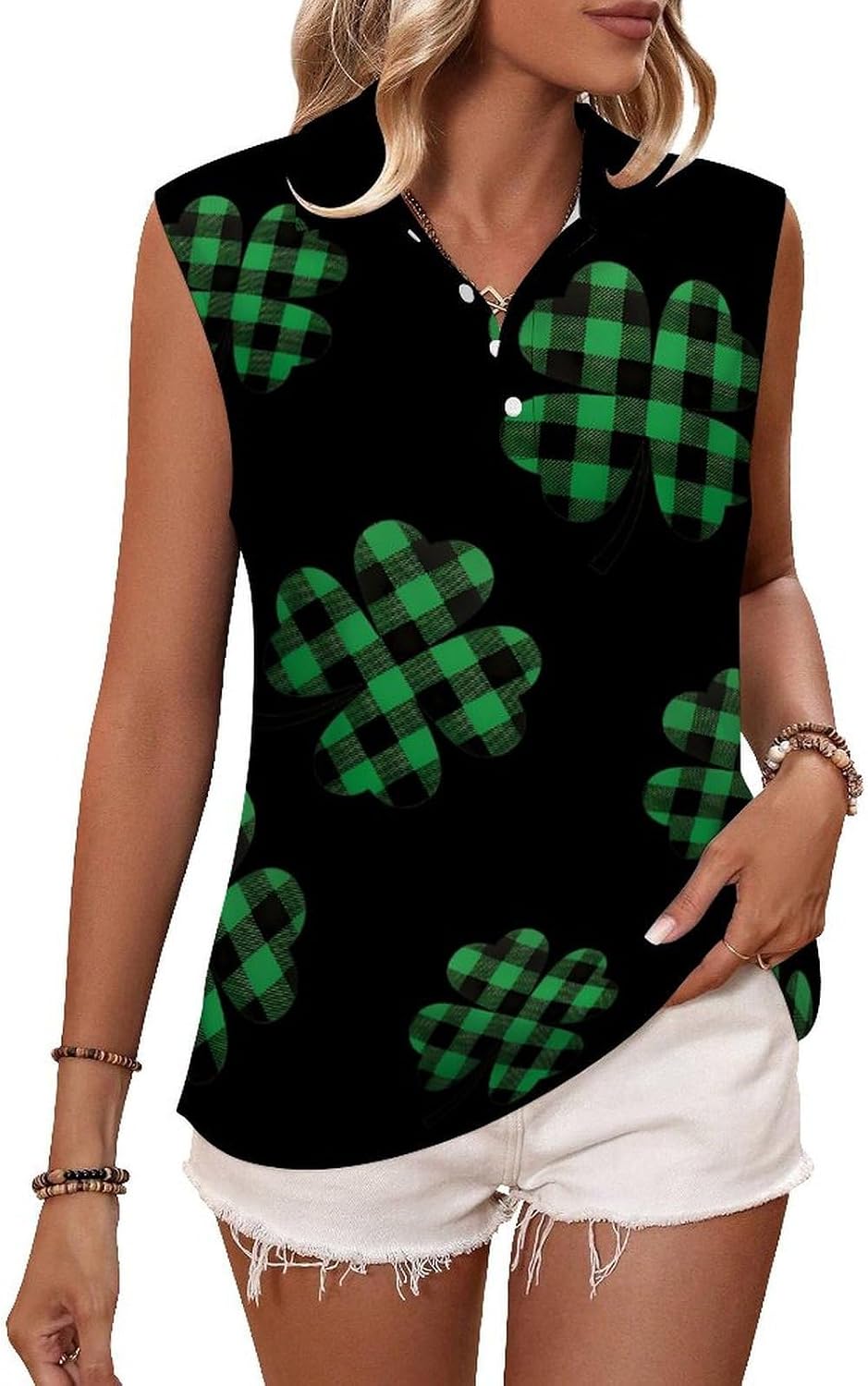 Green Plaid Four Leaf Clover Womens Sleeveless V Neck Golf Polo Shirts | Collared Tank Tops