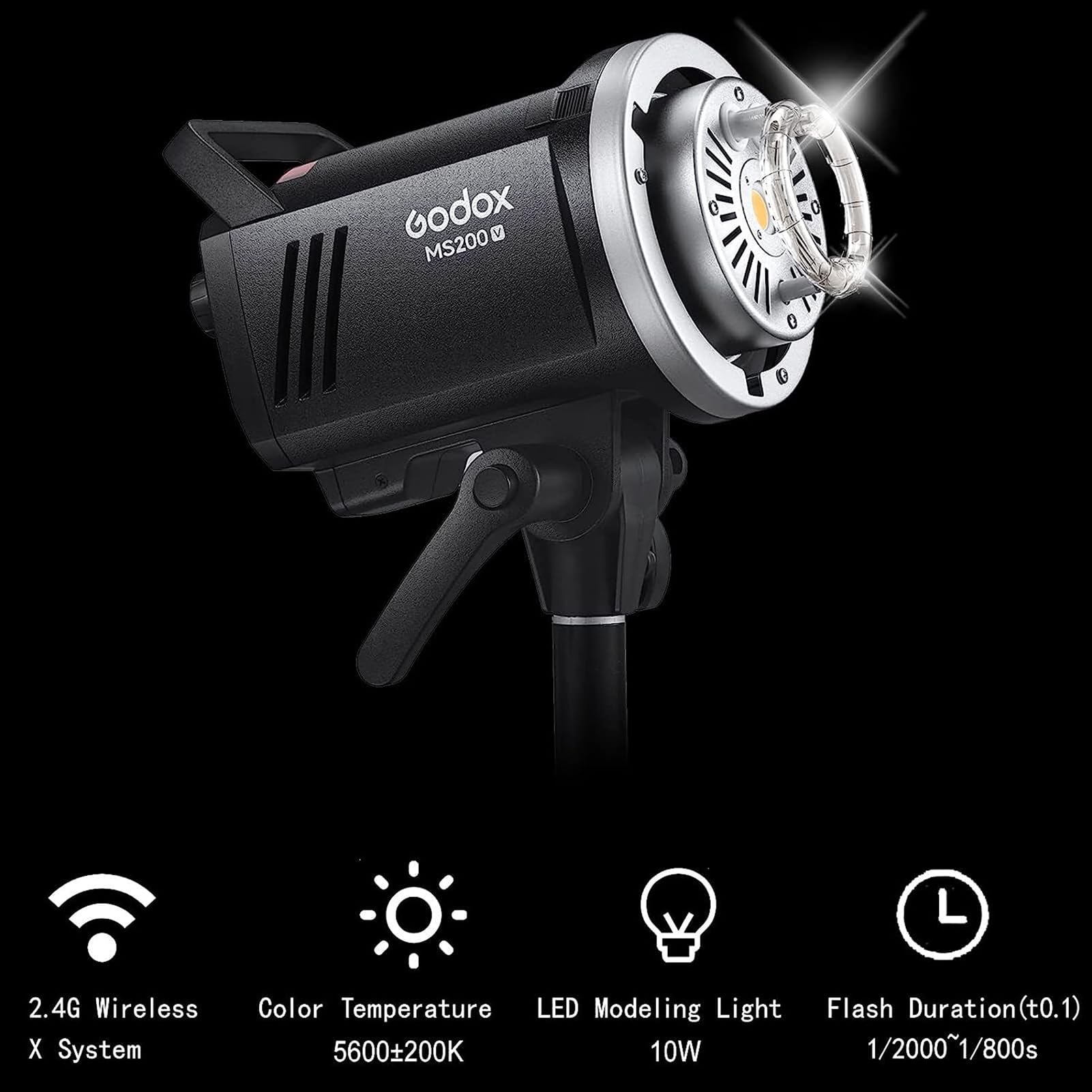 Godox MS200-V Flash de Studio amélioré 200Ws Lumière Stroboscopique GN53 0.1-1.8S Temps de Recyclage 5600 ± 200K Système X sans Fil 2.4G avec Lampe de Modélisation LED 10W Monture Bowens