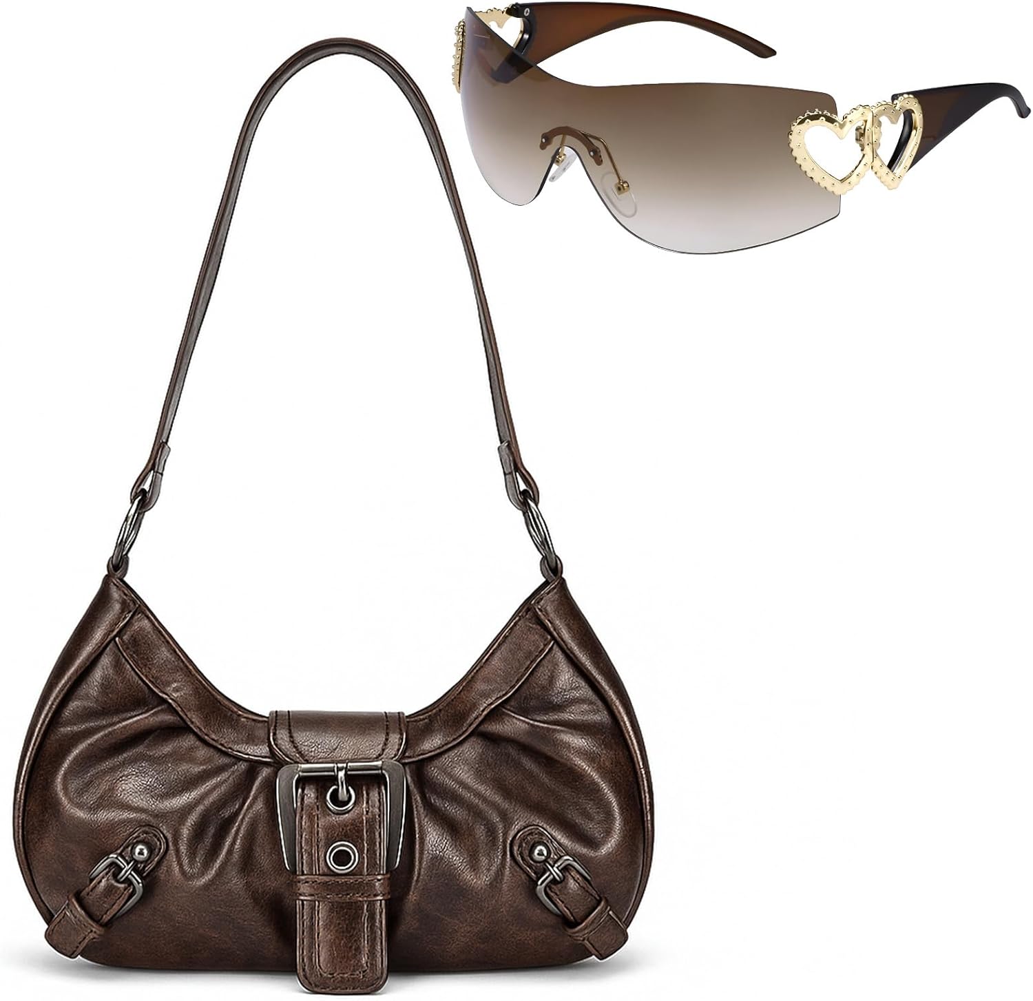 Women's Y2k Purse Vintage Buckle Hobo Shoulder Bag Punk PU Leather Handbag Clutch Purse Y2K Accessories Set