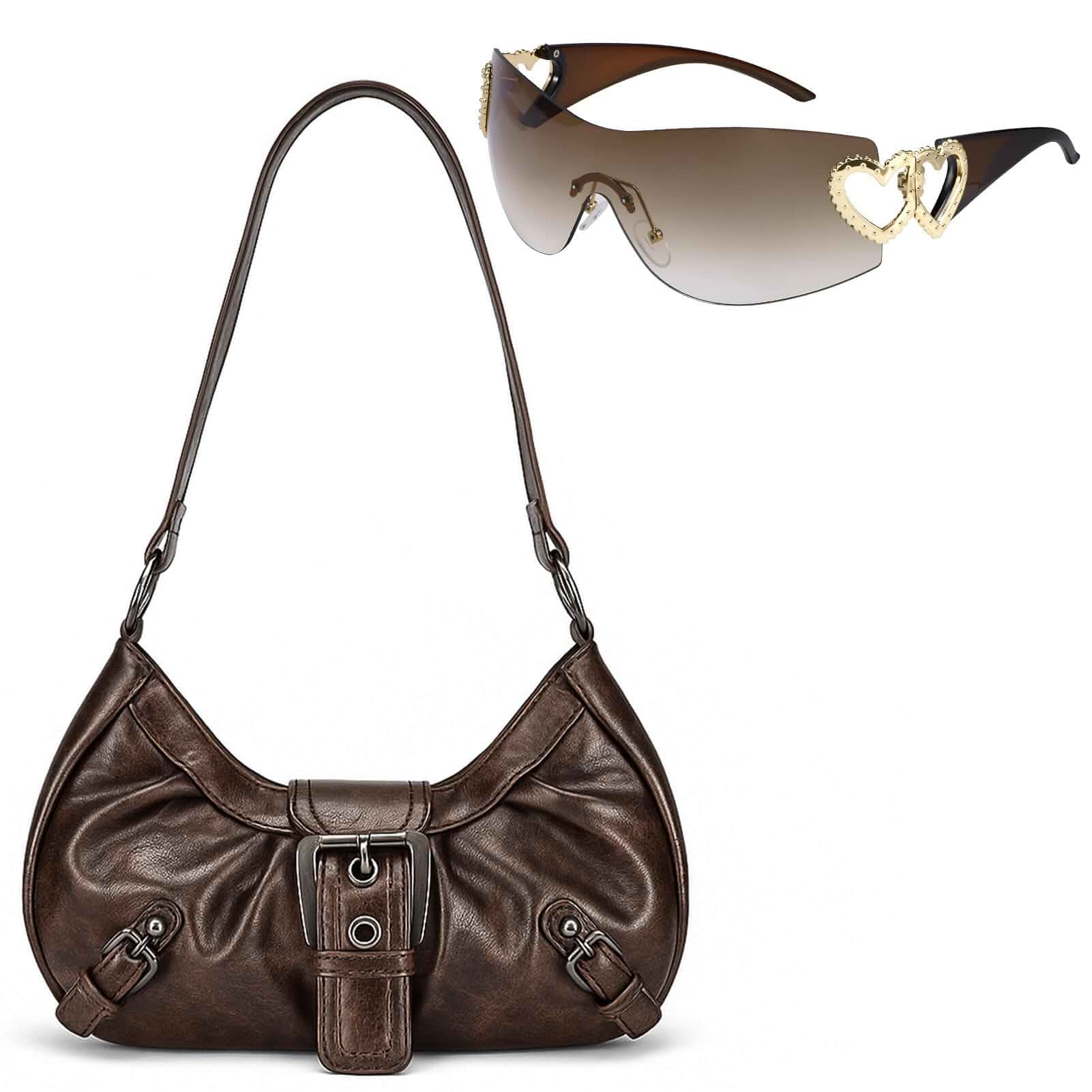Women's Y2k Purse Vintage Buckle Hobo Shoulder Bag | Punk PU Leather Handbag Clutch Purse Y2K Accessories Set