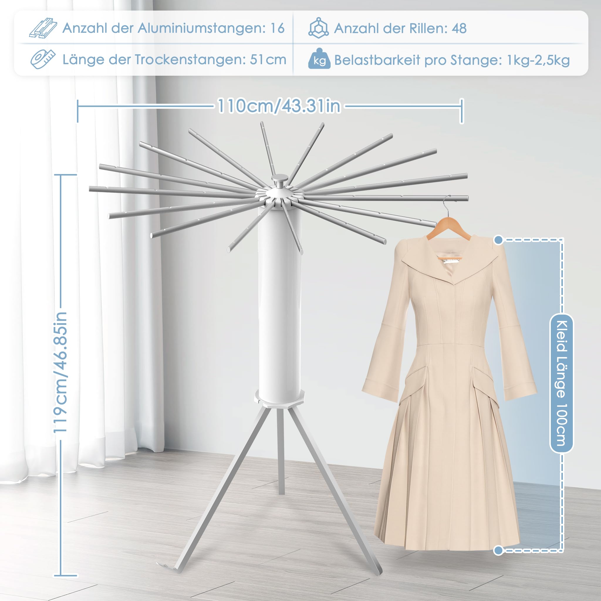 Froadp - Tendedero con 16 varillas de secado de aluminio plegable, soporte de secado portátil, tendedero de pulpo, ahorro de espacio, estructura de secado en torre para balcón, dormitorio, hogar