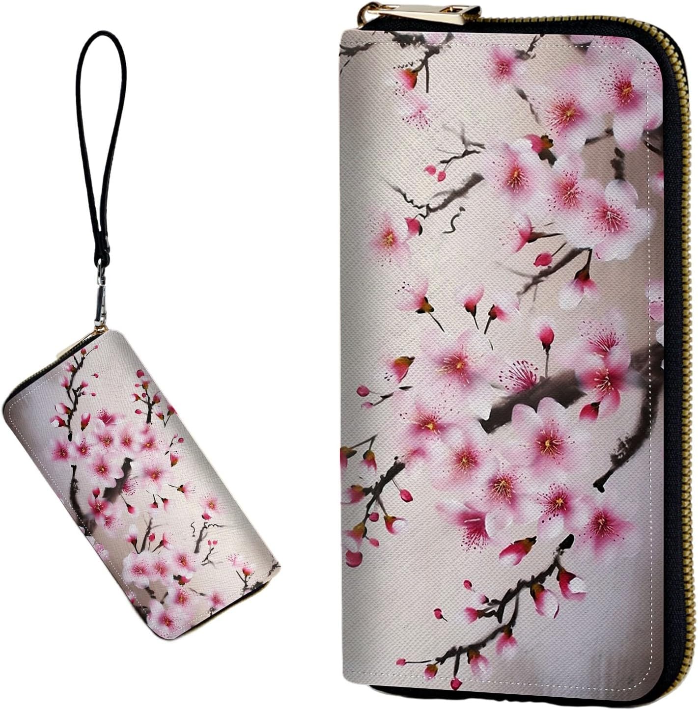 Women's RFID Blocking Wallet PU Leather Slim Bifold Wristlet Clutch with Large Capacity,16 Card Slots & Zipper Coin Purse Pocket Ladies Travel Purse Wristlet,Cherry Blossom