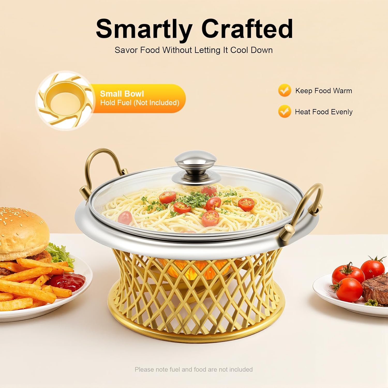 Buffet Chafing Dish, Round Stainless Steel Chafing Dish with Glass Lid, Portable Food Warmer for Parties Banquets Events Dinner (Gold)