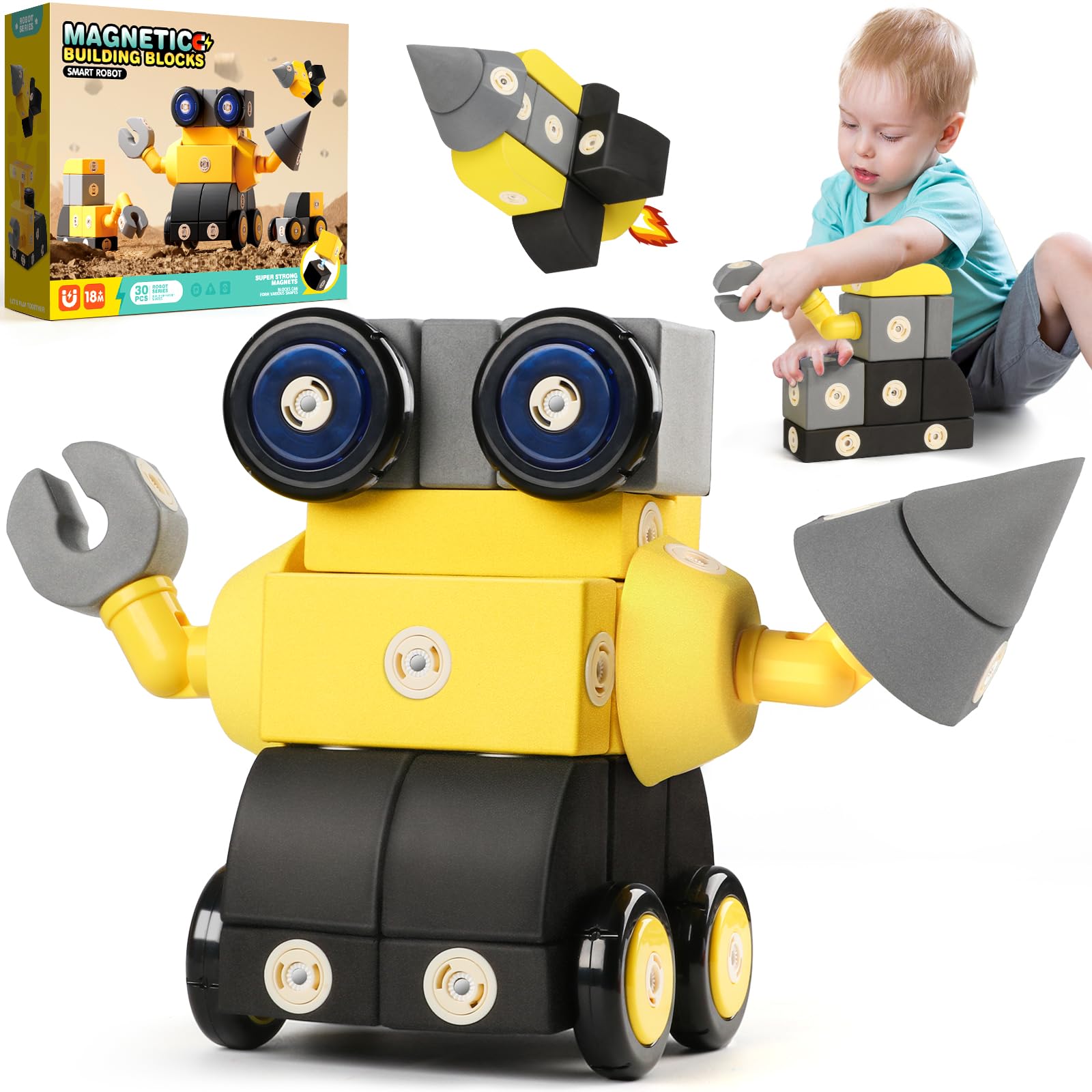 Magnetyczne klocki piankowe dla dzieci w wieku 1-3 lat (30 szt.), miękkie klocki do budowy robotów dla dzieci, zabawki sensoryczne STEM dla dzieci w wieku 1, 2 i 3 lat, chłopcy i dziewczęta