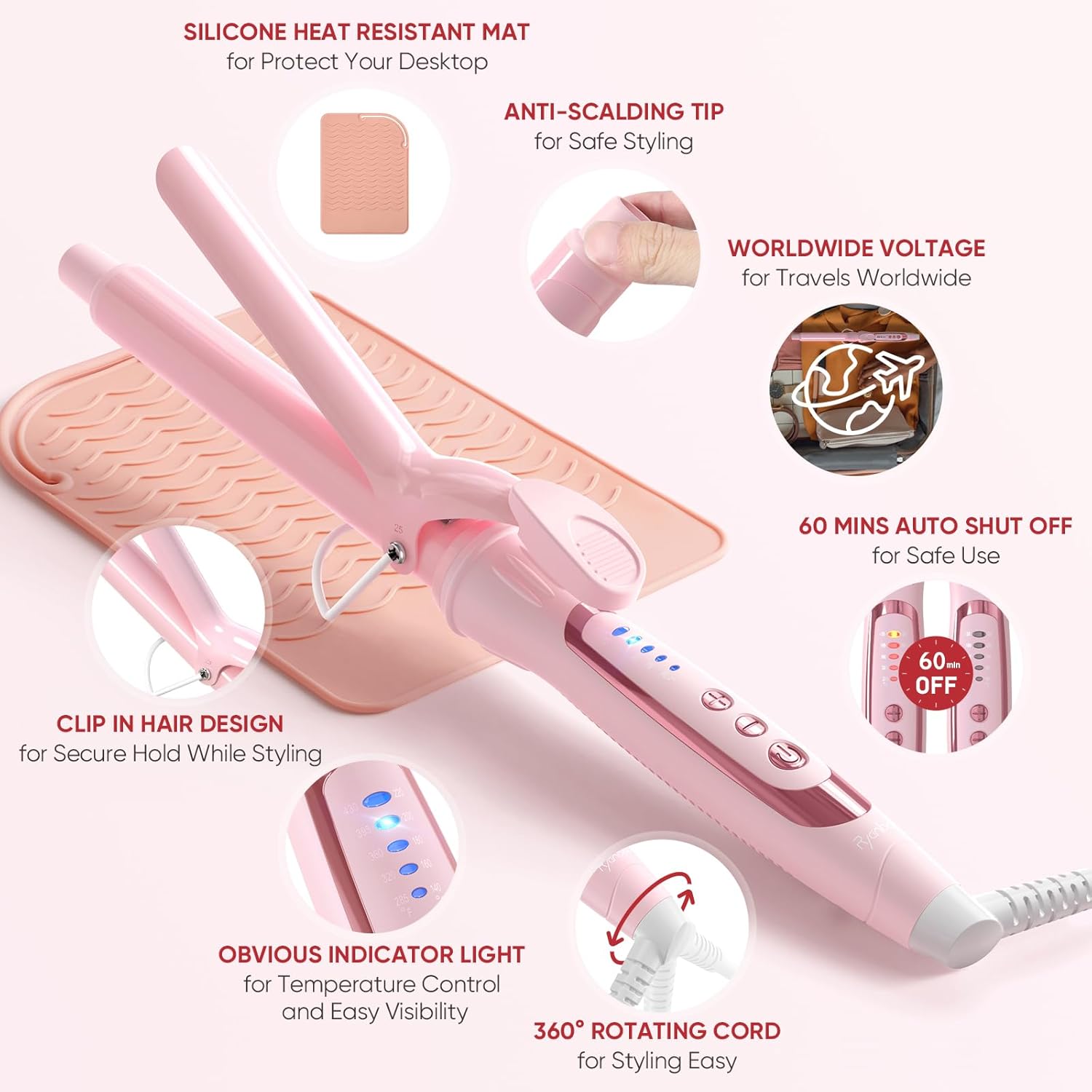 1 Inch Curling Iron, 5 Temperature Settings, Professional Spring Hair Iron for All Hair Types, Max 430℉ with Heat Resistant Mat (1 Inch Pink)