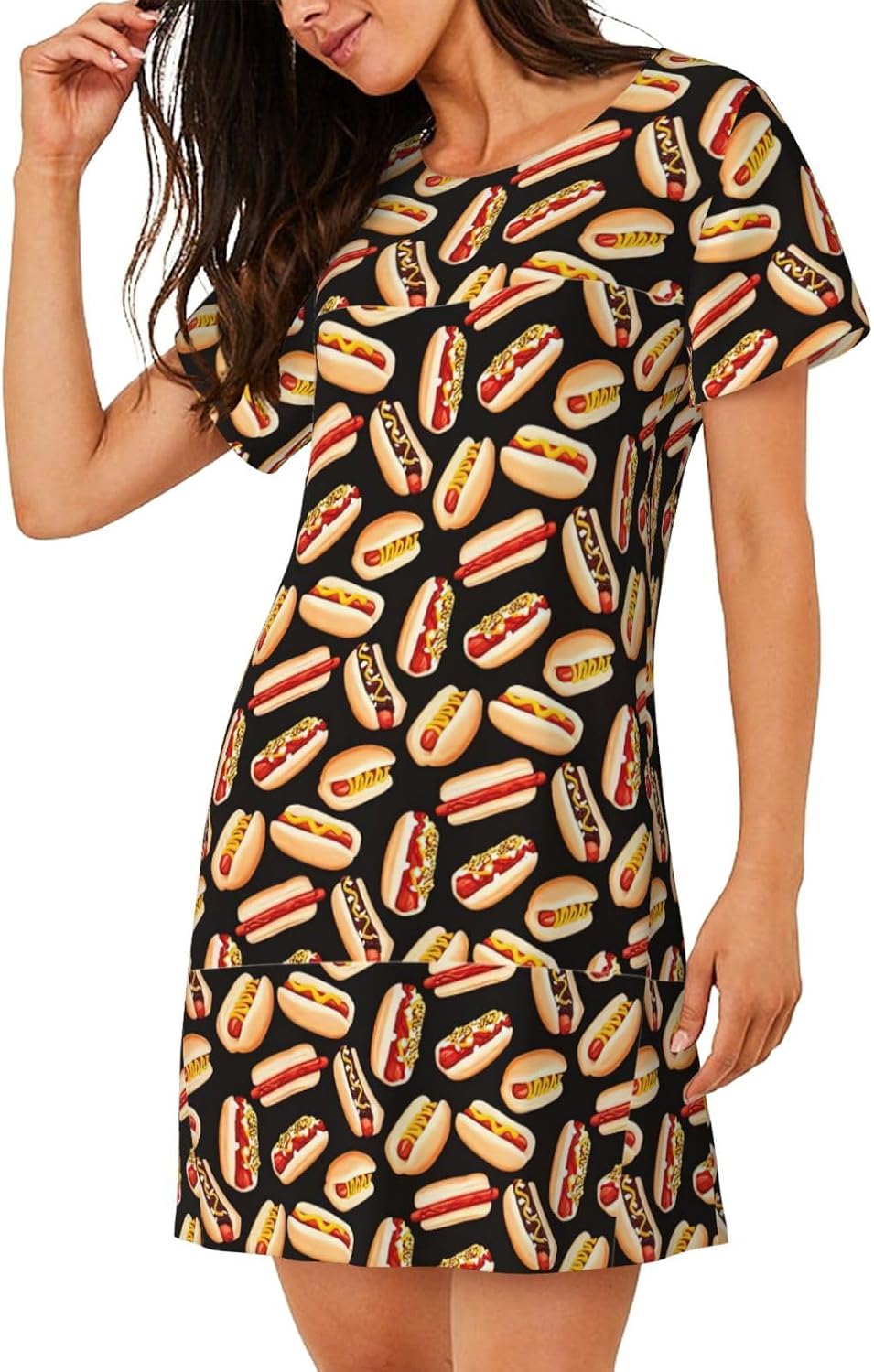 Fun Food Hot Dogs Print Sleep Shirts for Women Short Sleeve Night Shirts for Sleeping Pullover Nightgown