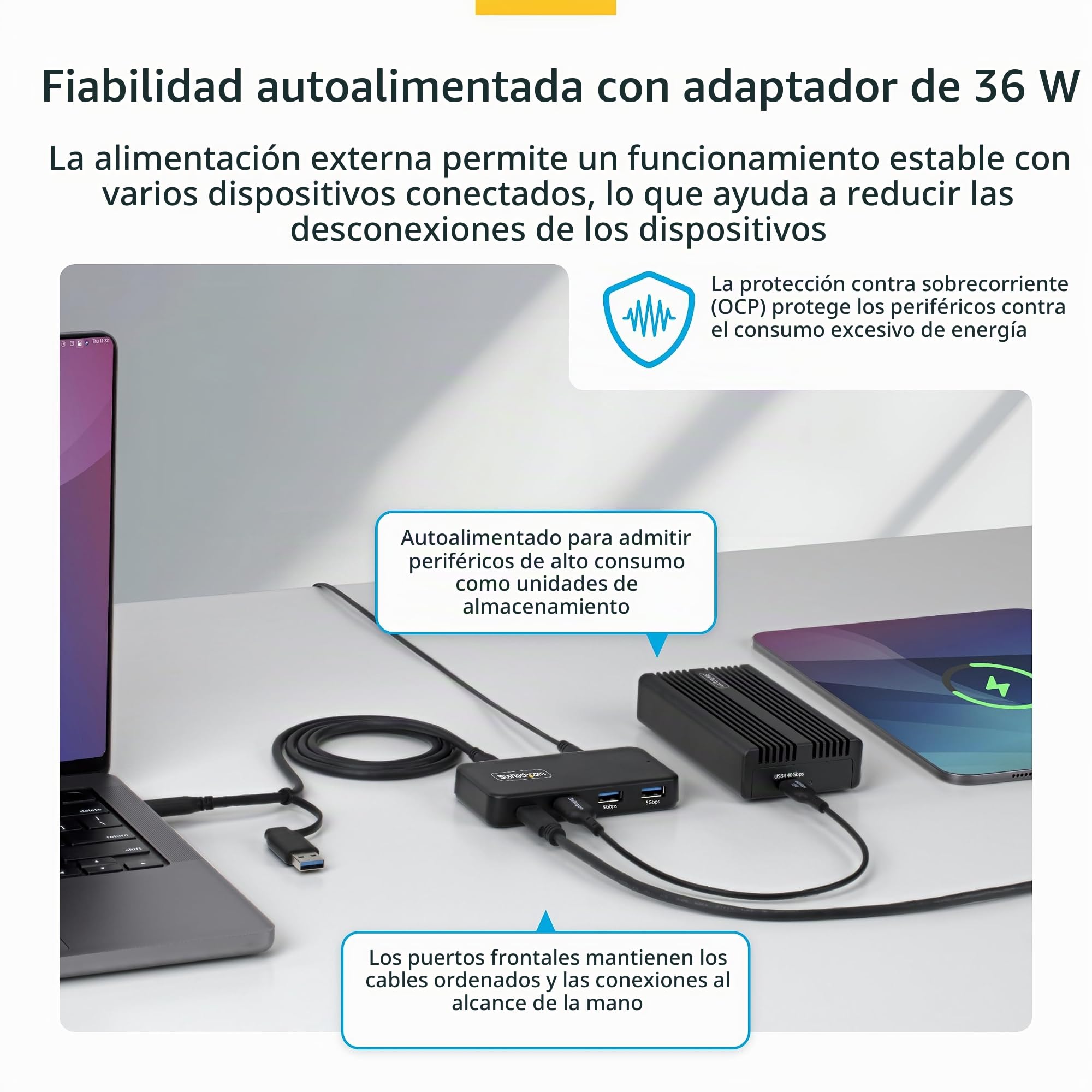 StarTech Hub USB-C y USB-A de 4 Puertos, 5Gbps, 36W (311UE-USB-HUB) | Cable Host 2 en 1 USB-C y USB-A, Carga BC 1.2, 3x USB-A y 1x USB-C, Adaptador de 36W Incluido