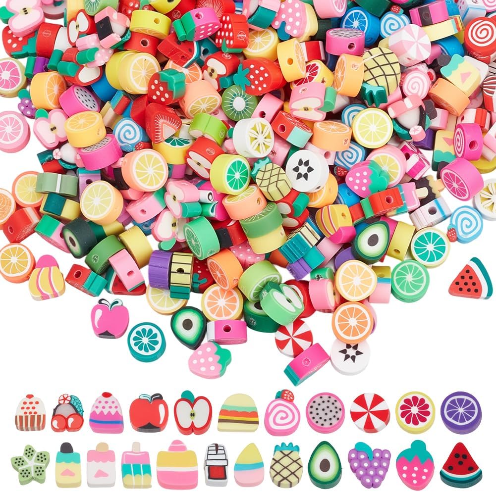 400Pcs 2 Styls Fruit Polymer Clay Beads Polymer Charm Beads Colorful Assorted Mixed Shaped Small Smooth Loose Spacers Findings for Jewelry Making Bracelets Necklaces Supplies Adults
