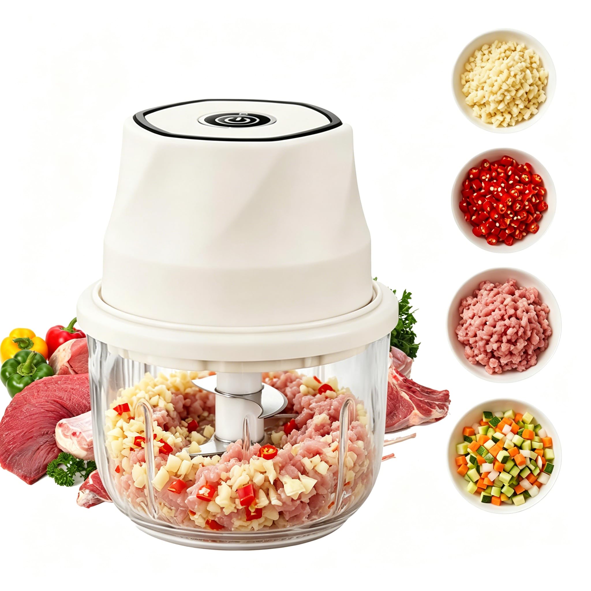 Mini Food Processors, 40W Electric Fruit & Vegetable Mini Chopper with 350ML Plastic Bowl and 6 Stainless Steel Blades, One Touch Operation, for Vegetables, Fruits and Nuts (Cream)