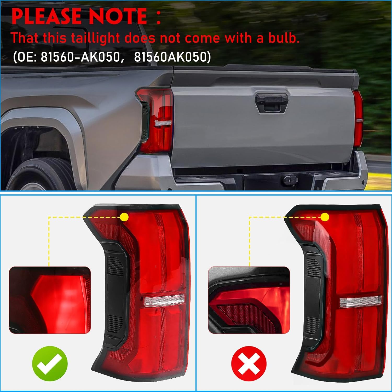 Huray Left Full LED Tail Light Assembly Fit for Toyota Tacoma 2024 2025, LH Taillight w/o Tailgate Switch OE Style Rear Brake Lamp w/Side Marker Light Replacement for 81560-AK050 Driver Side