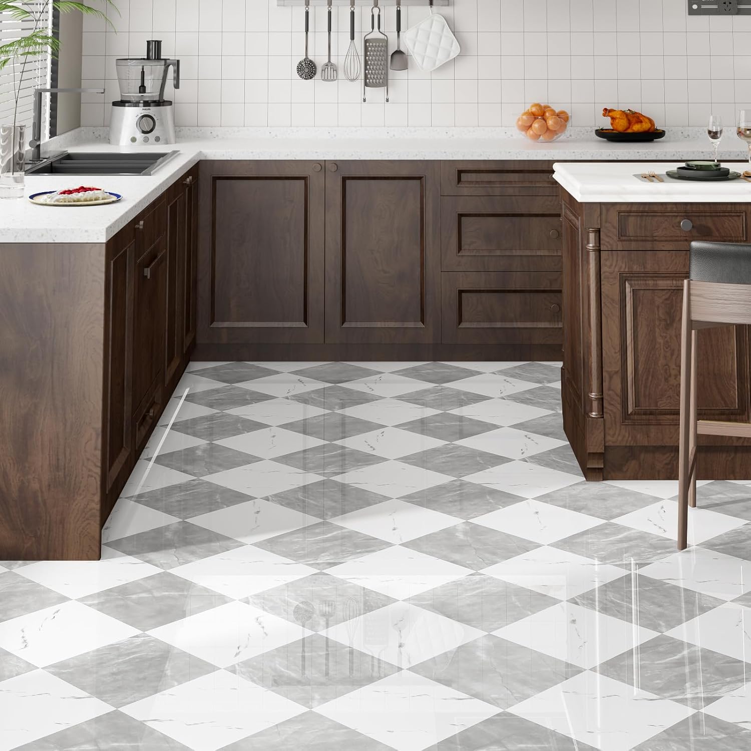 40-Pack Peel and Stick Tile Vinyl Floor Glossy 12x 12 inch, Waterproof Stick on Tiles for Bathroom, Kitchen, Dining Room, Cover 40 Sq. Ft, Light Grey&White Marble (20 per Color)