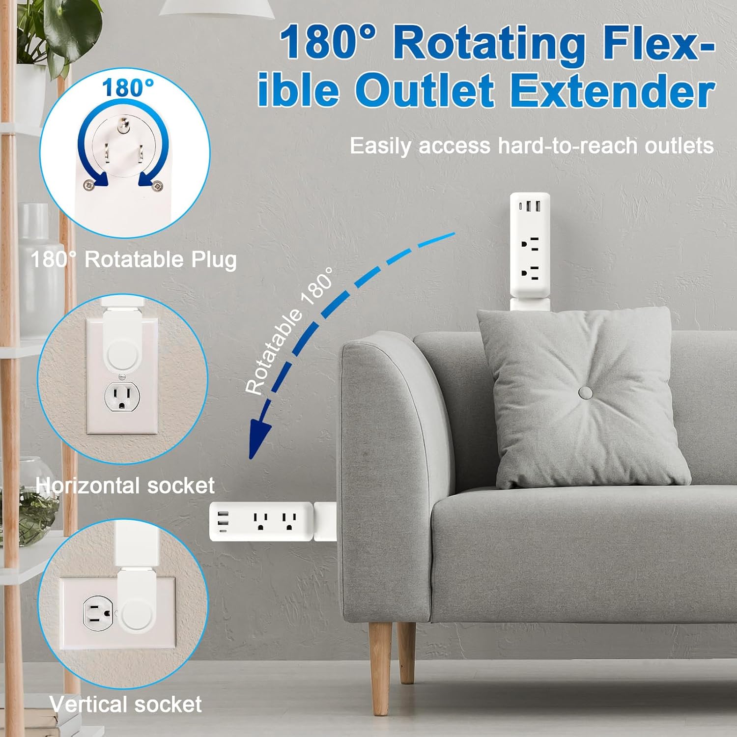 Electrical Outlet Extender Stick 2 Pack with USB-A & USB-C, 2 AC Outlets, Adjustable 22"-34" Plug Extender, 180° Rotating Wall Outlet Extender for Hard-to-Reach Outlets Behind Sofa, Bed, Desk