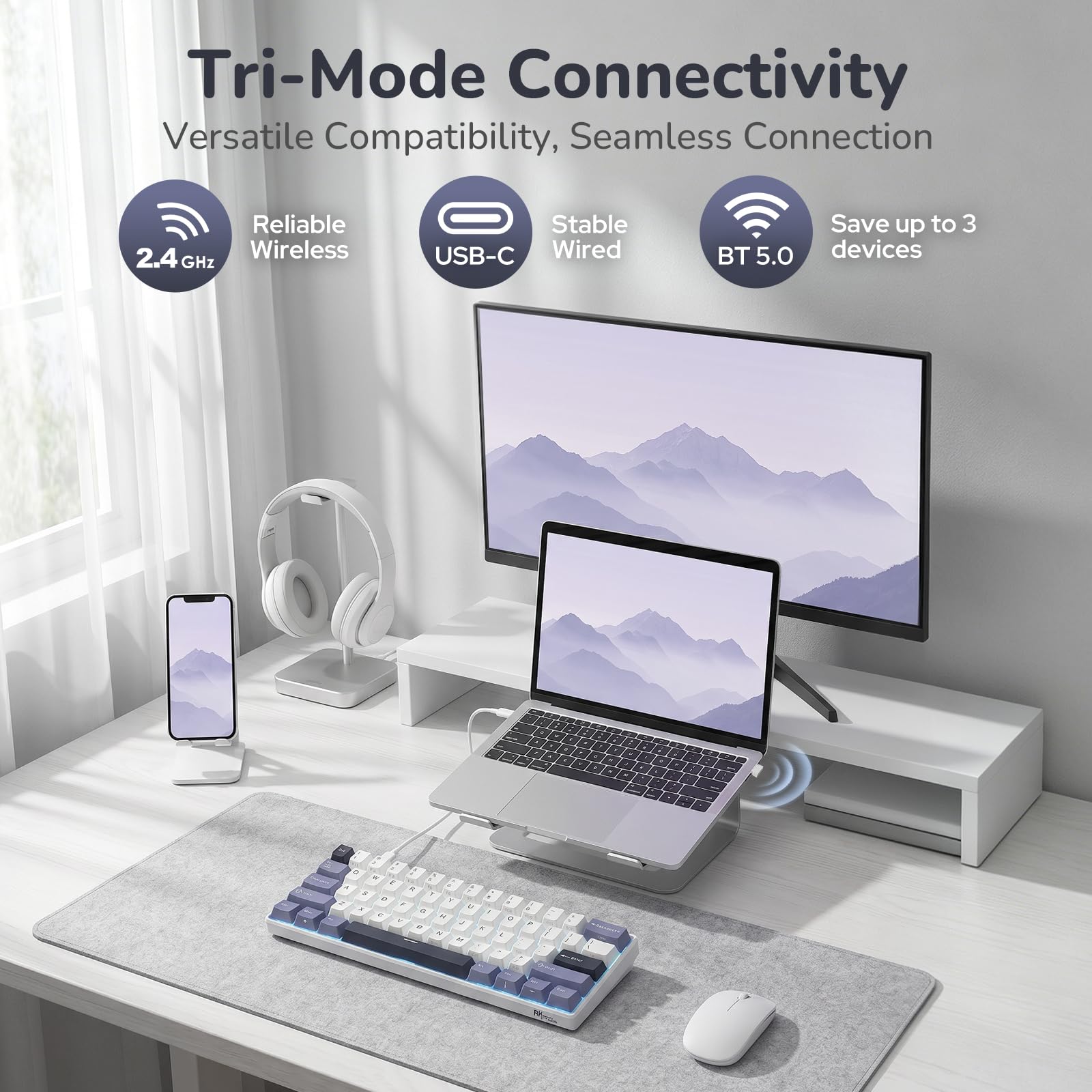 RK ROYAL KLUDGE RK61 bezprzewodowa klawiatura mechaniczna, klawiatura gamingowa 60% trzema trybami pracy, BT5.0/2,4GHz/USB-C, klawisze tworzywa PBT, oprogramowanie Pro, wymiana na gorąco, US QWERTY